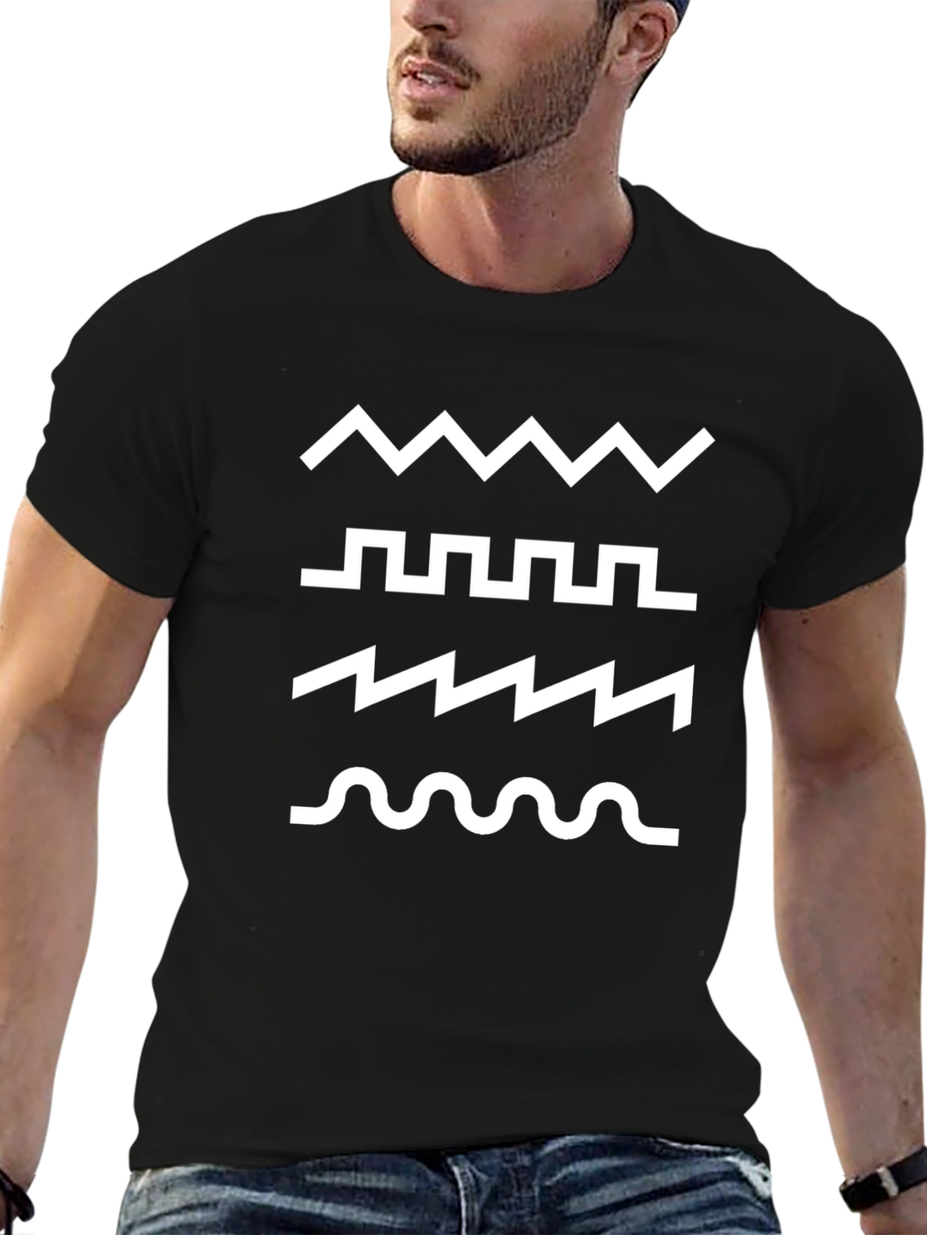 Mens Black T-Shirt with Waveform Pattern