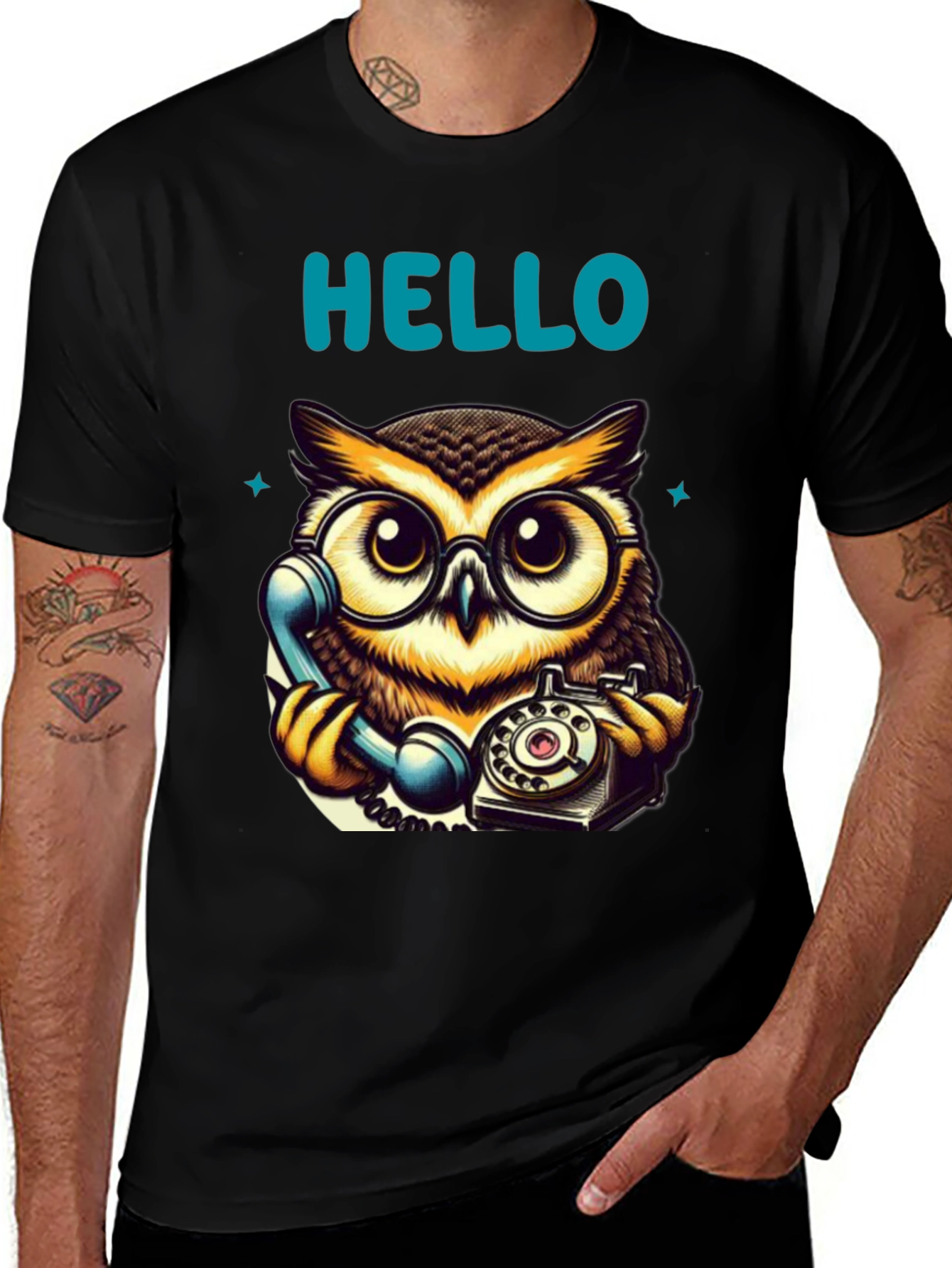 Owl On Phone Graphic Tee - Hello There!