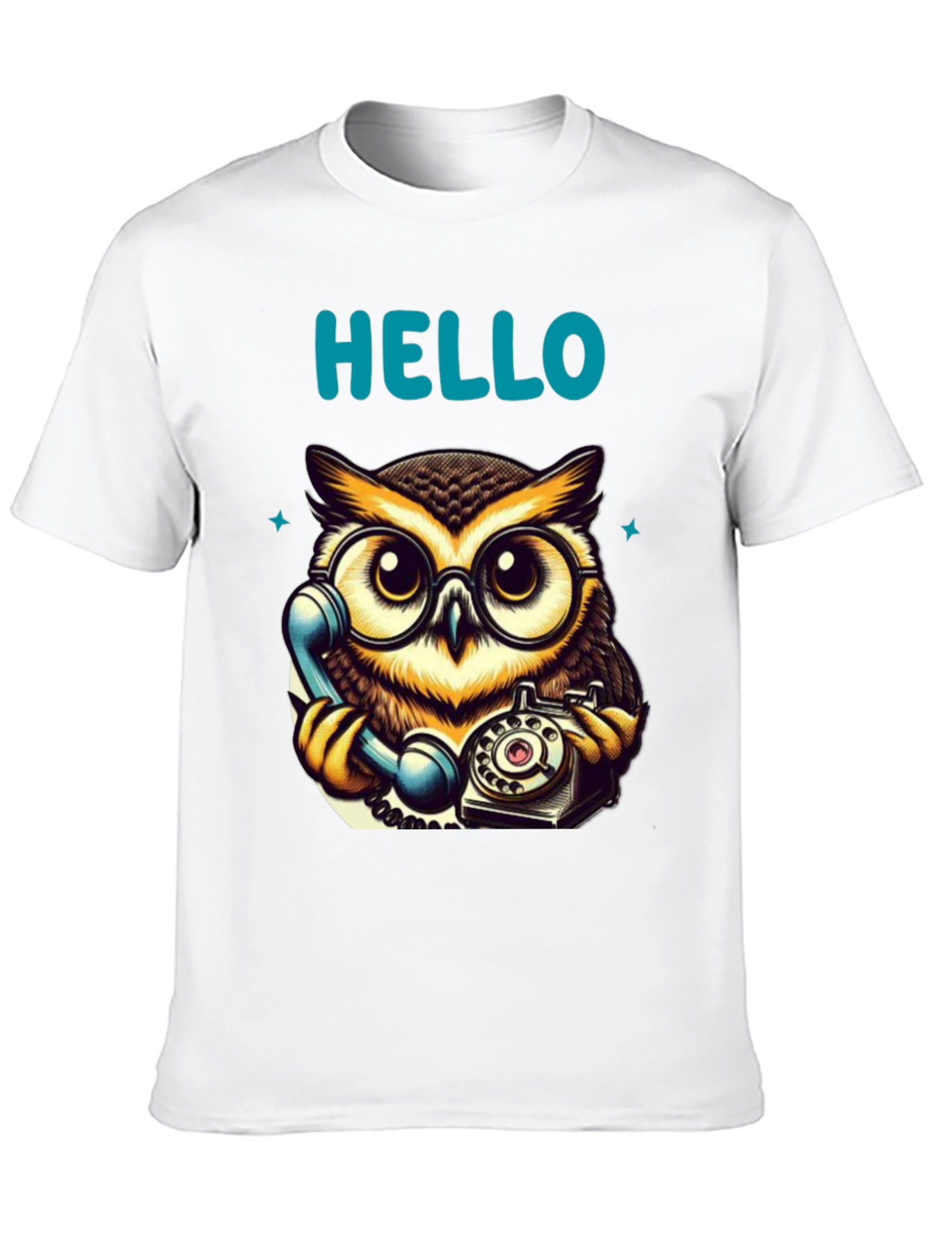 Owl On Phone Graphic Tee - Hello There!