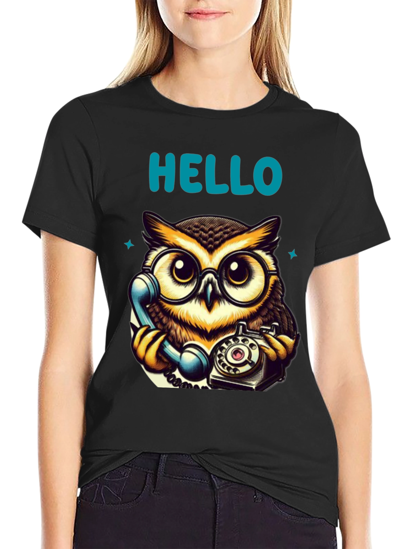 Owl On Phone Graphic Tee - Hello There!
