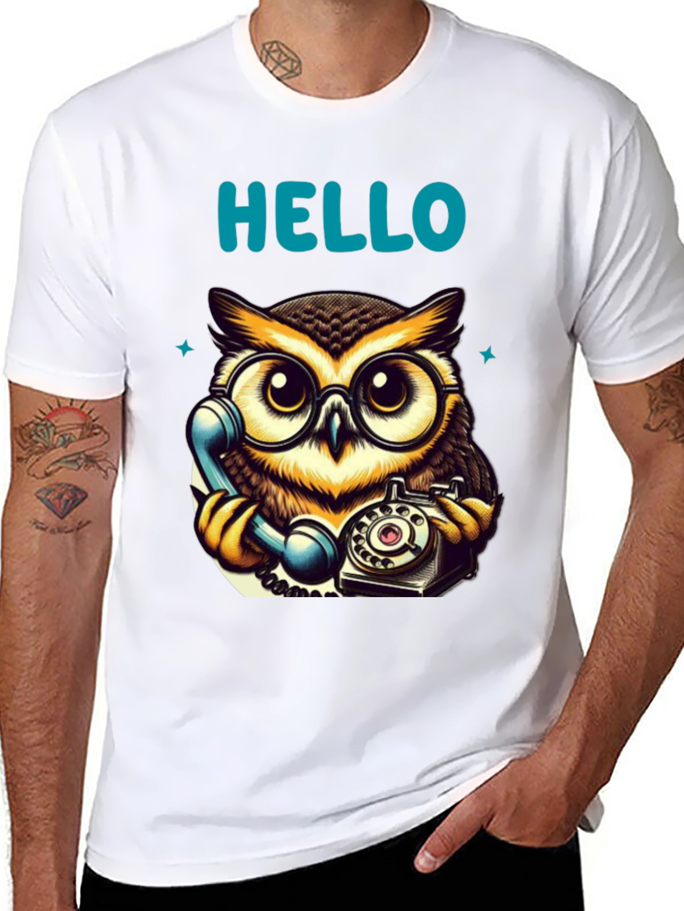 Owl On Phone Graphic Tee - Hello There!
