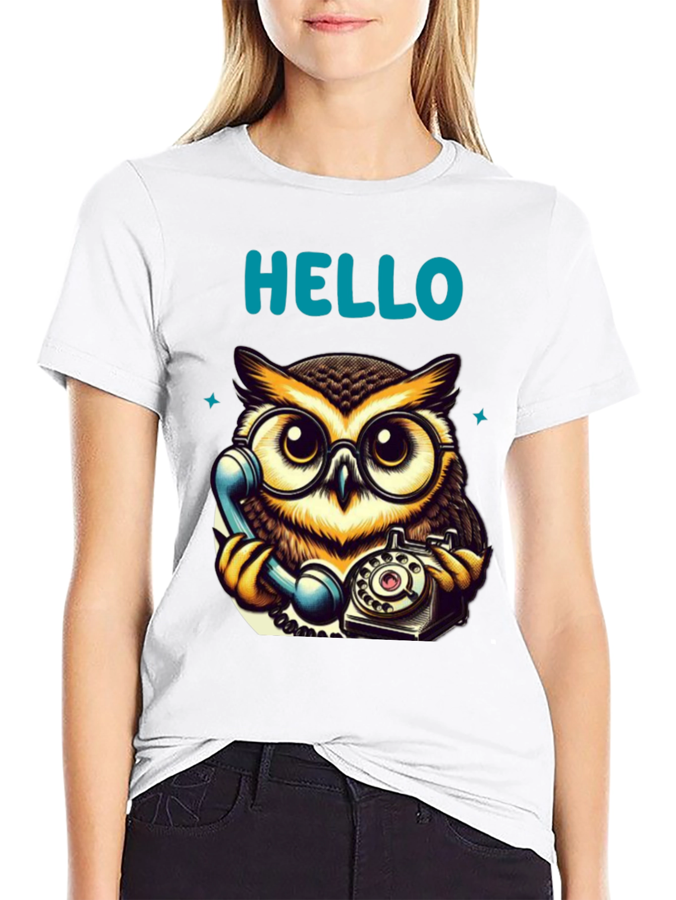 Owl On Phone Graphic Tee - Hello There!