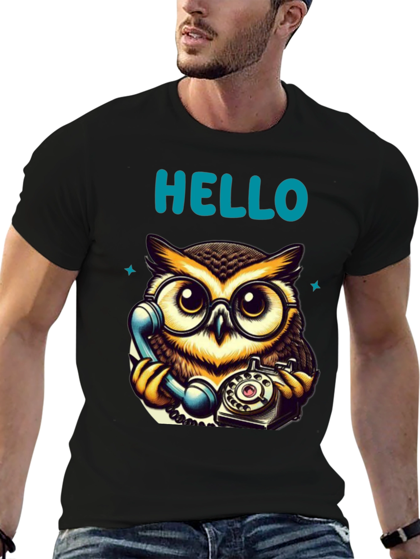 Owl On Phone Graphic Tee - Hello There!