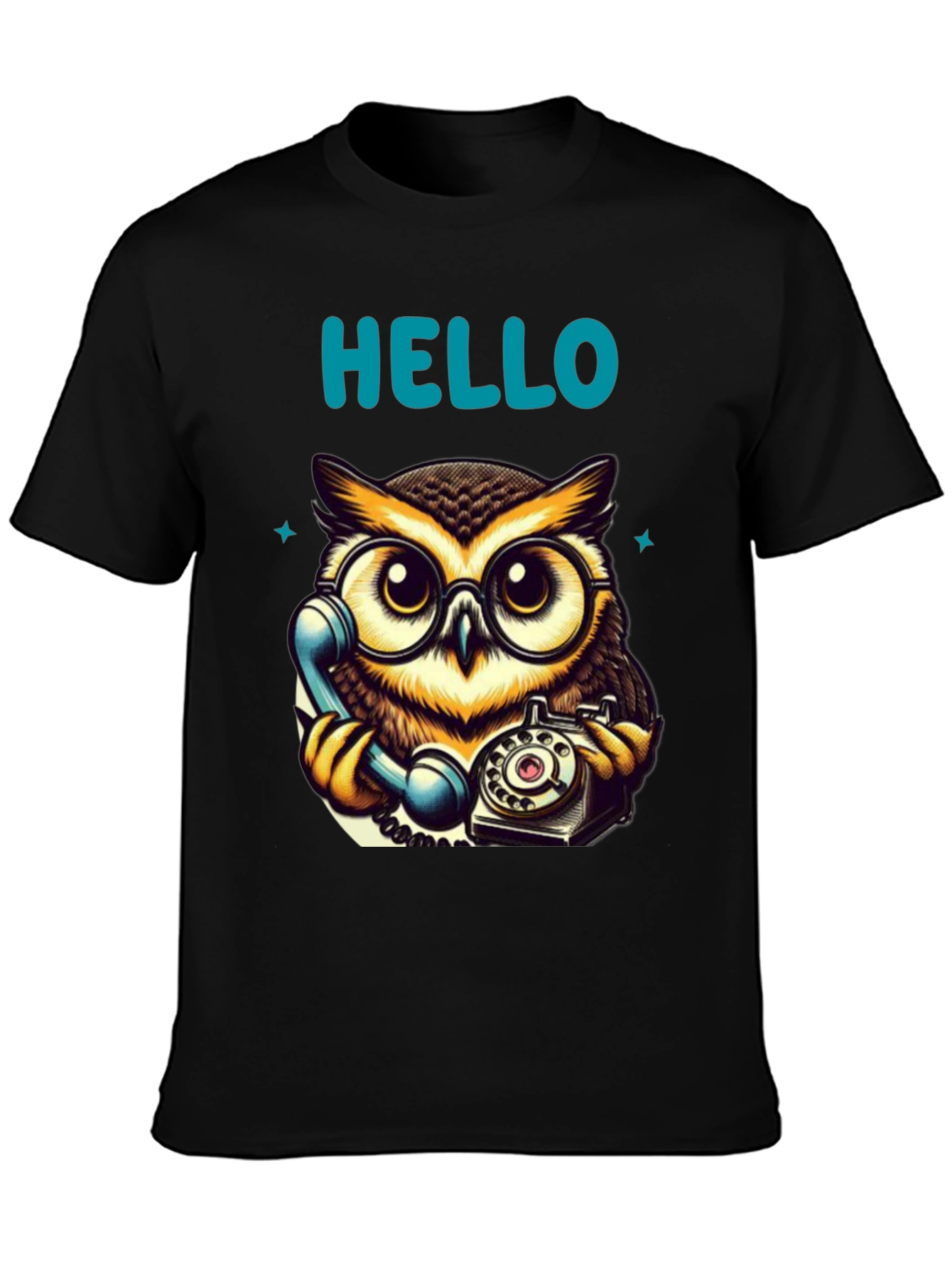 Owl On Phone Graphic Tee - Hello There!
