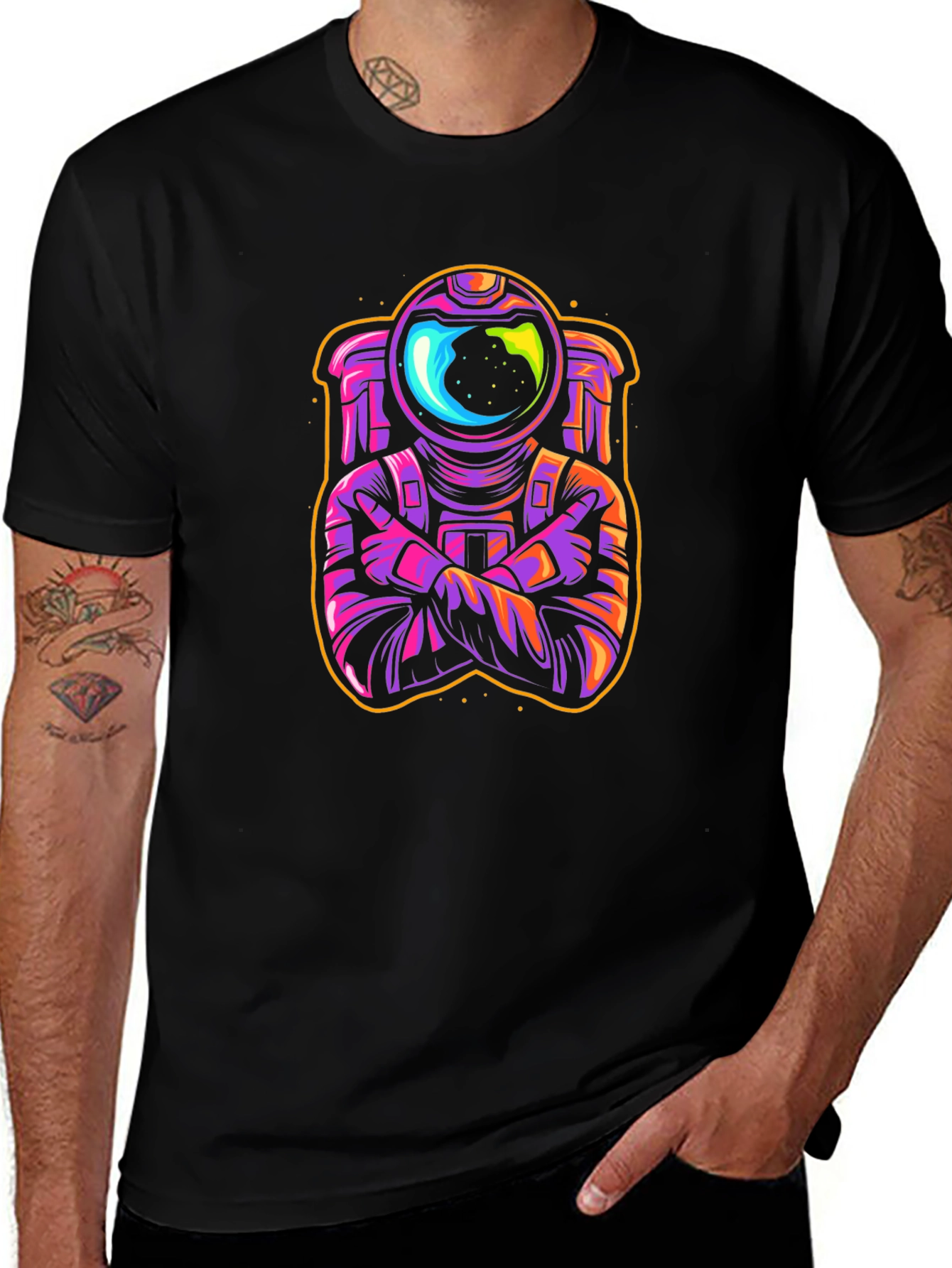 Cool Spaceman Graphic T-Shirt - Black Crew Neck Tee