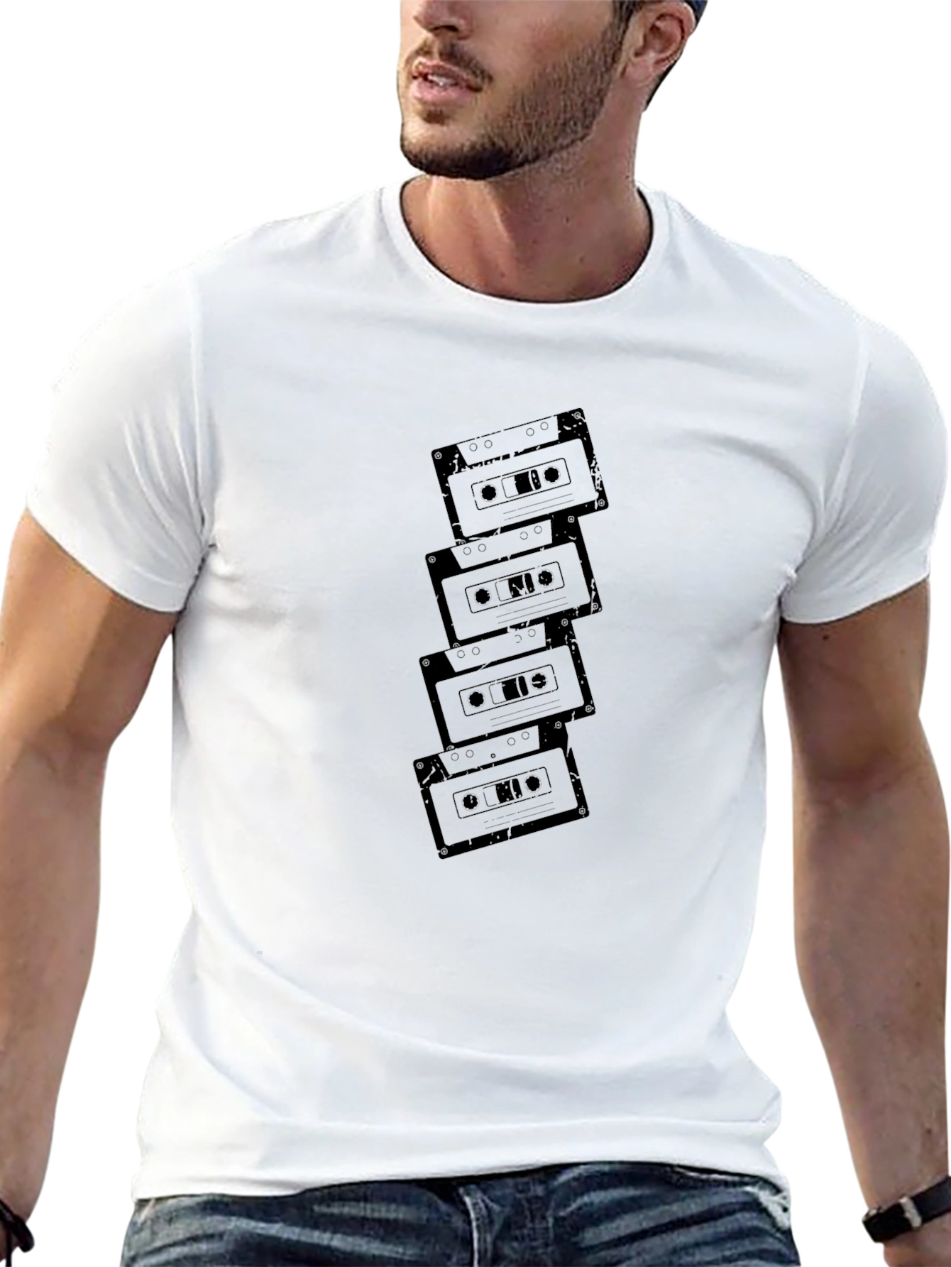 Retro Cassette Tape Stack Graphic T-Shirt - Black