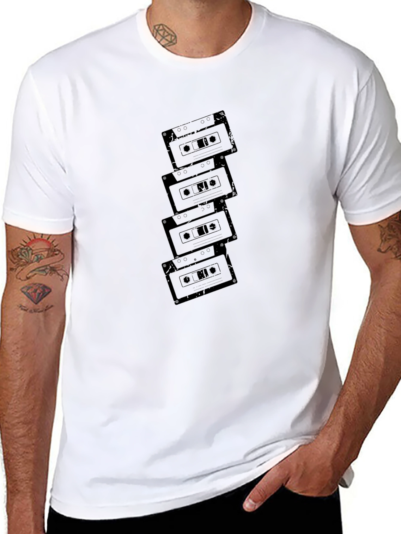 Retro Cassette Tape Stack Graphic T-Shirt - Black