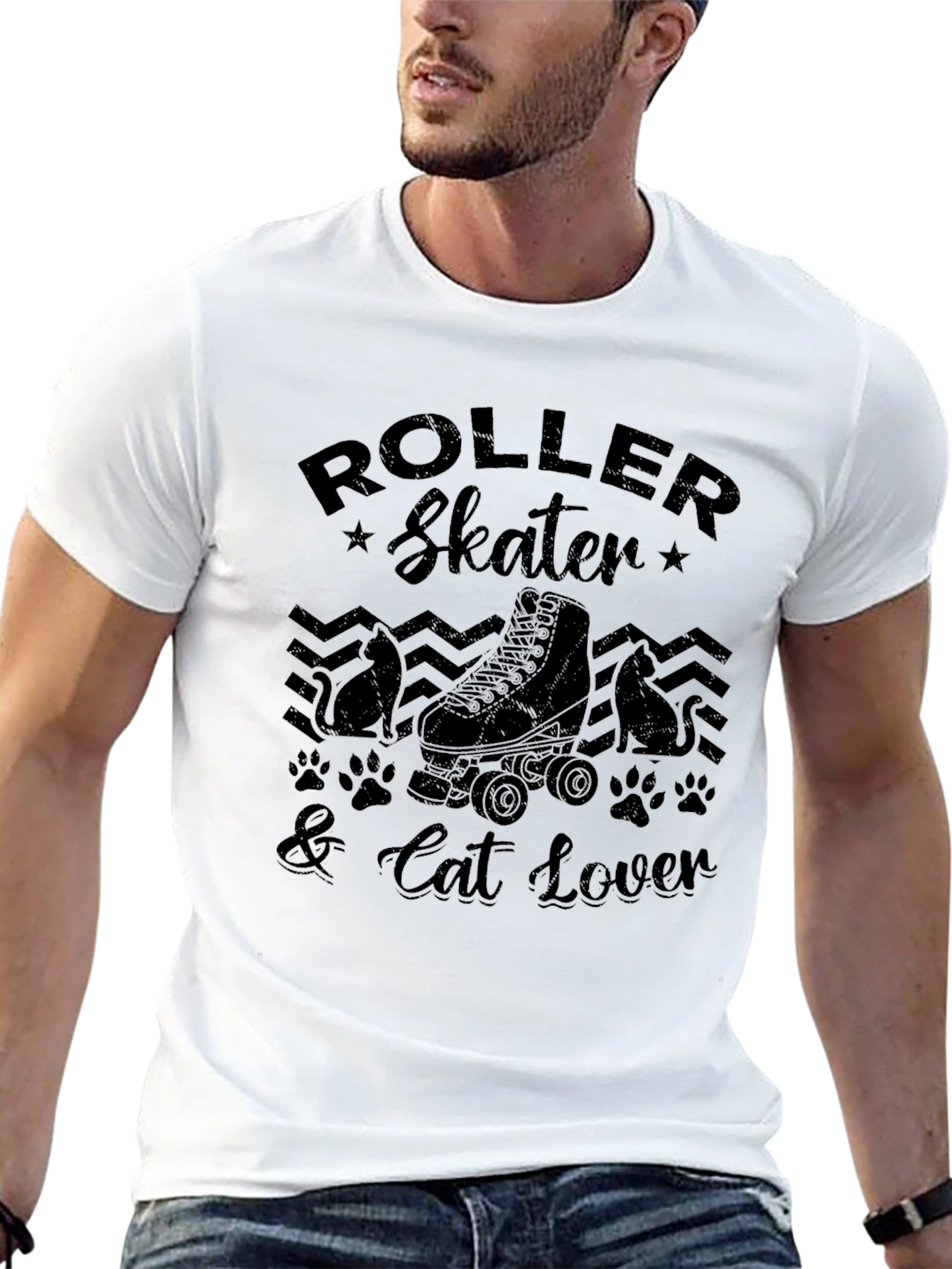 Roller Skater & Cat Lover Black Graphic T-Shirt