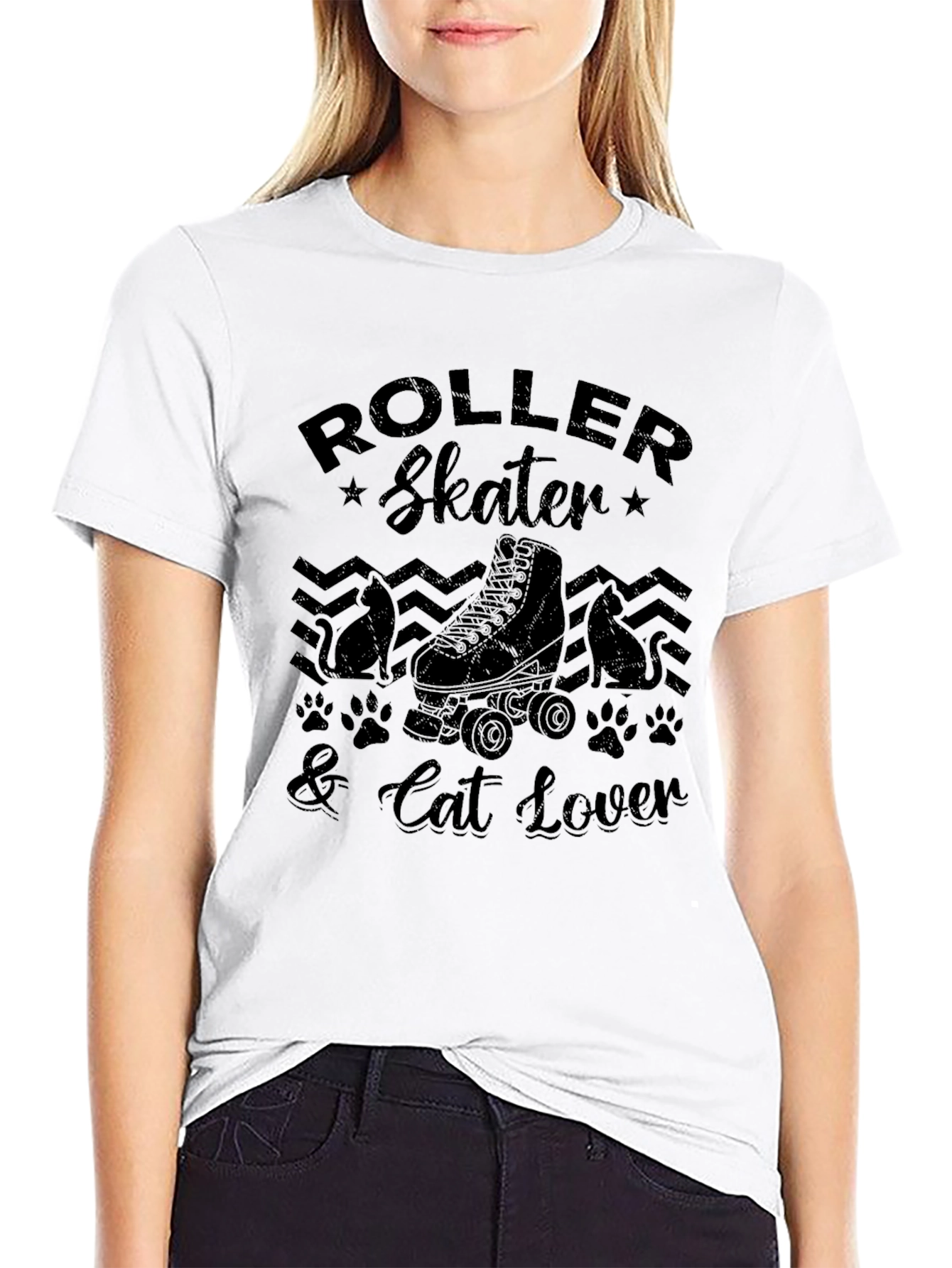 Roller Skater & Cat Lover Black Graphic T-Shirt