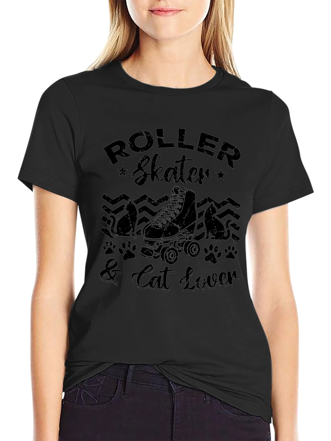 Roller Skater & Cat Lover Black Graphic T-Shirt