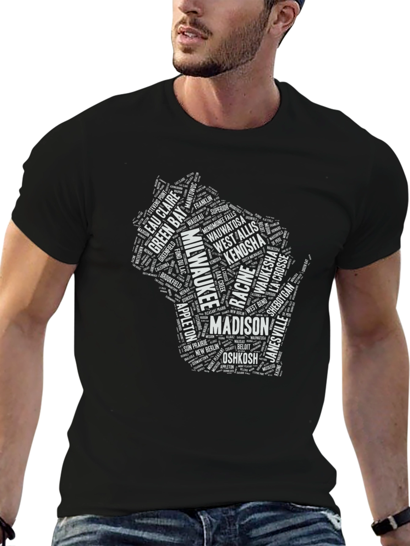 Wisconsin Cities Black T-Shirt