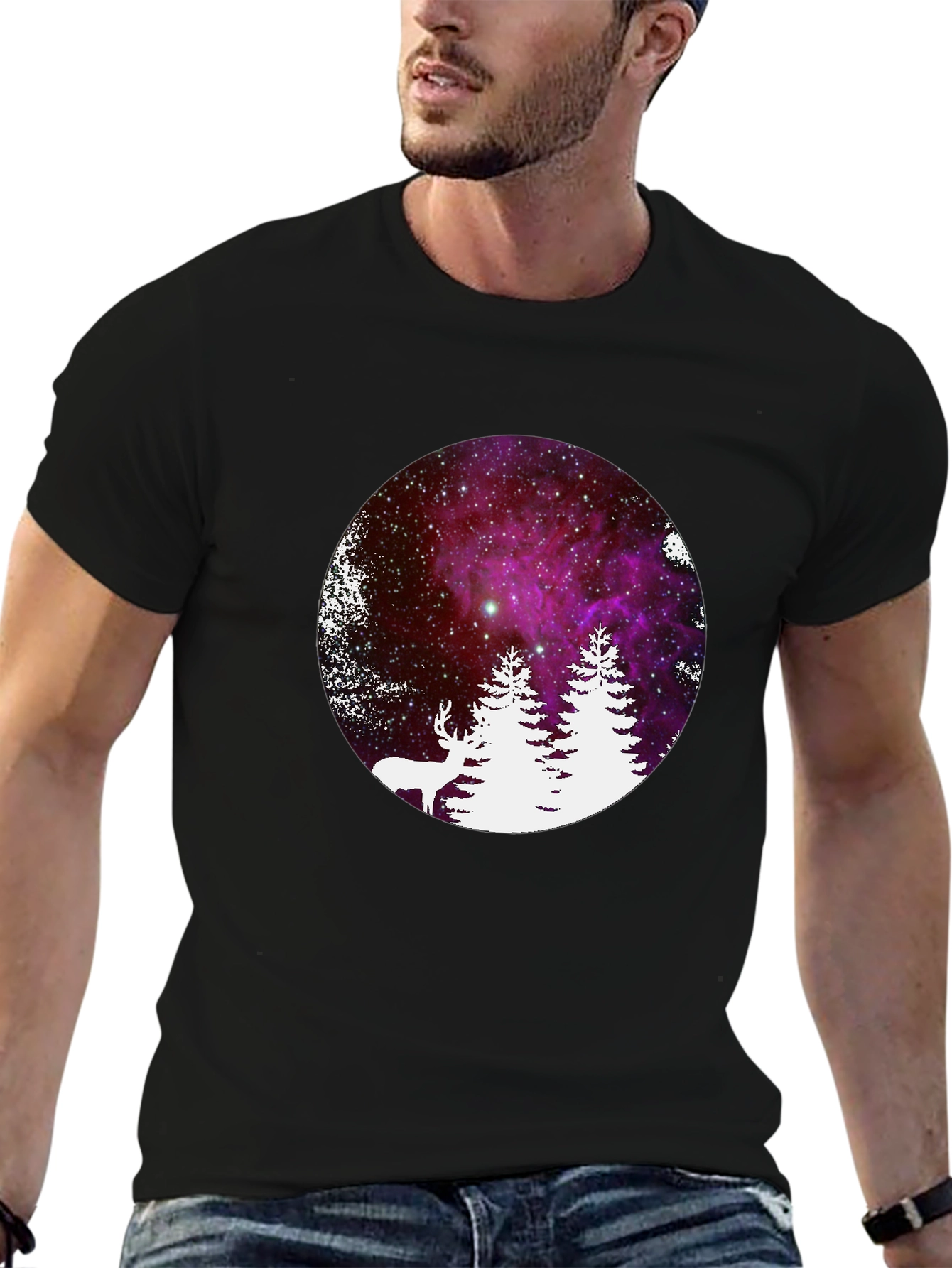 Galaxy Deer & Trees Black T-Shirt