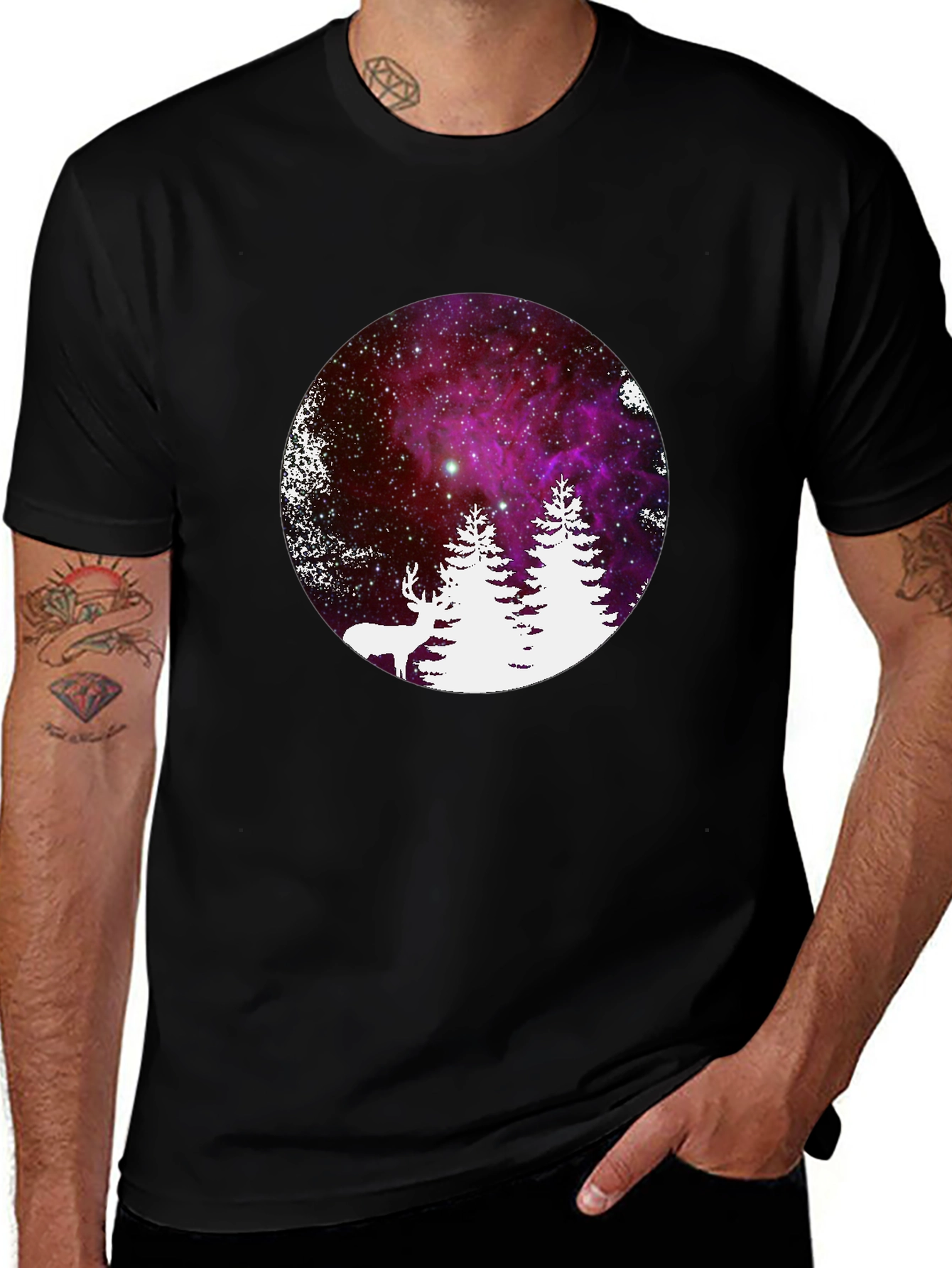 Galaxy Deer & Trees Black T-Shirt