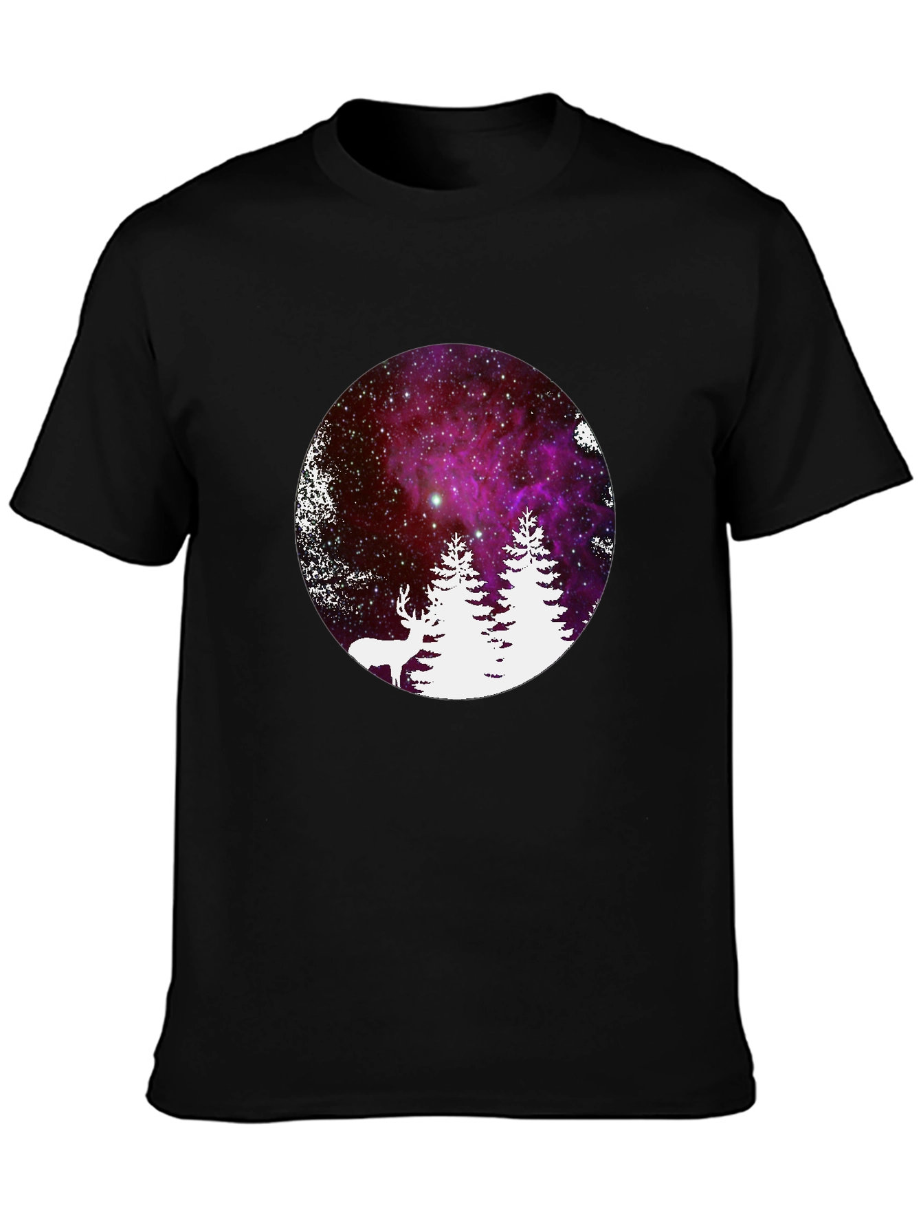 Galaxy Deer & Trees Black T-Shirt