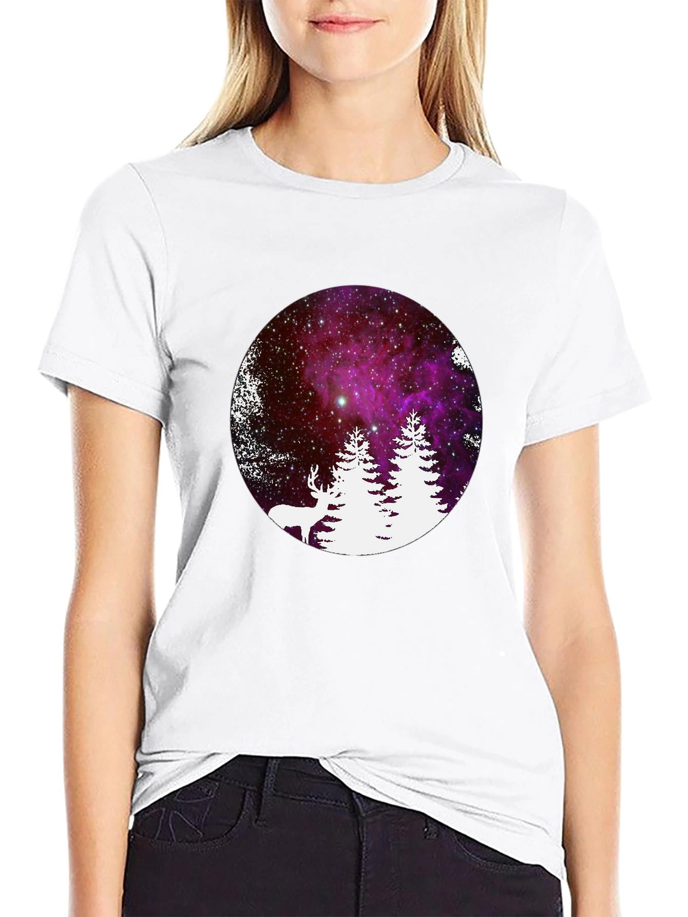 Galaxy Deer & Trees Black T-Shirt