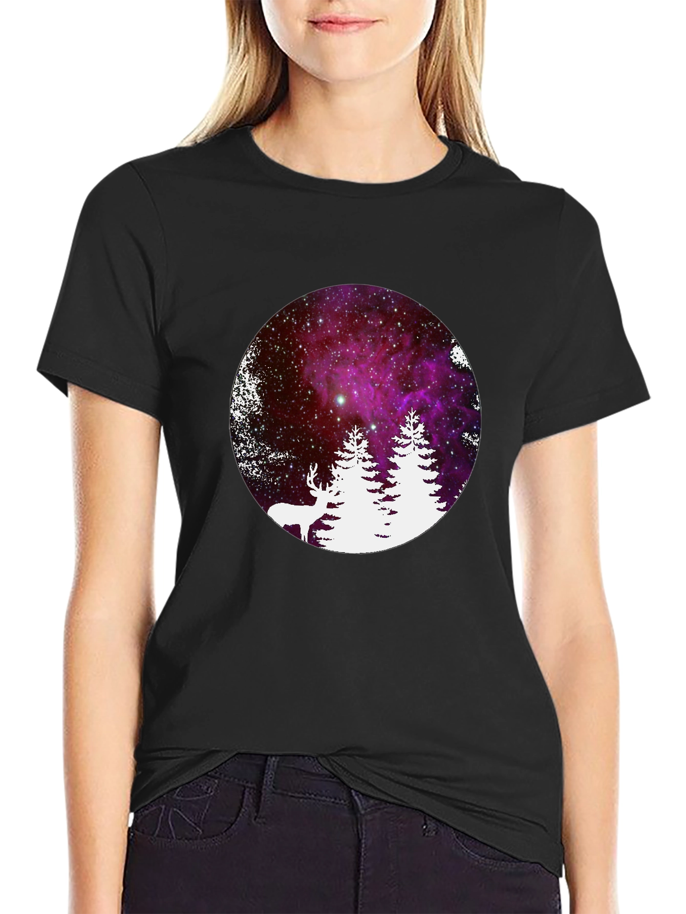 Galaxy Deer & Trees Black T-Shirt