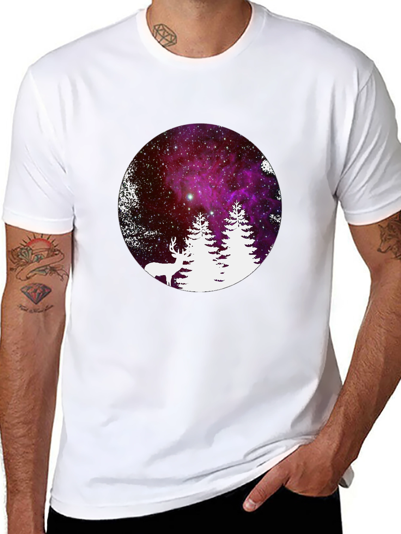 Galaxy Deer & Trees Black T-Shirt