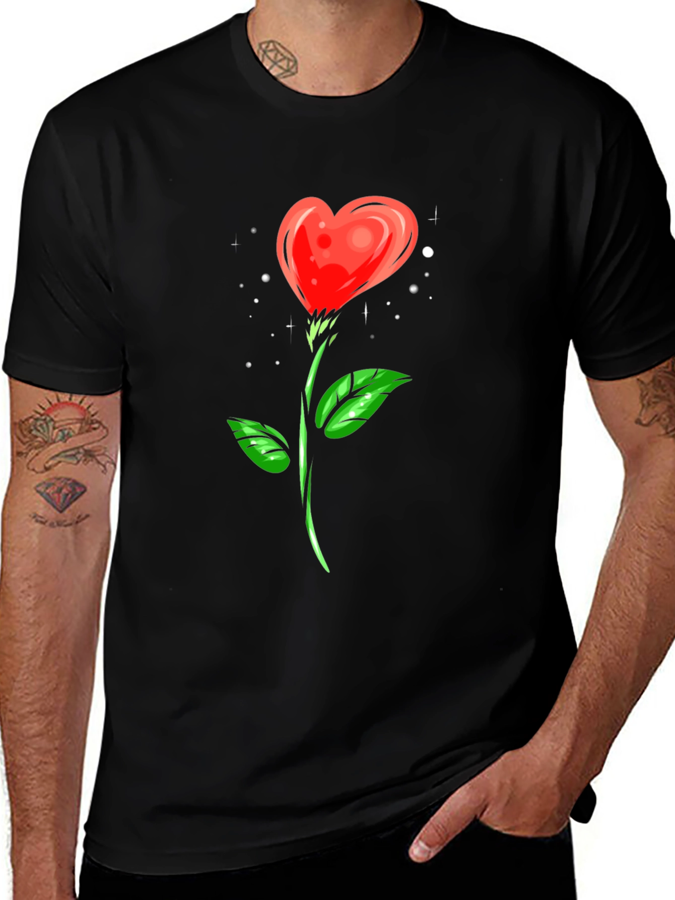 Heart Rose Graphic Tee - Black Cotton Shirt