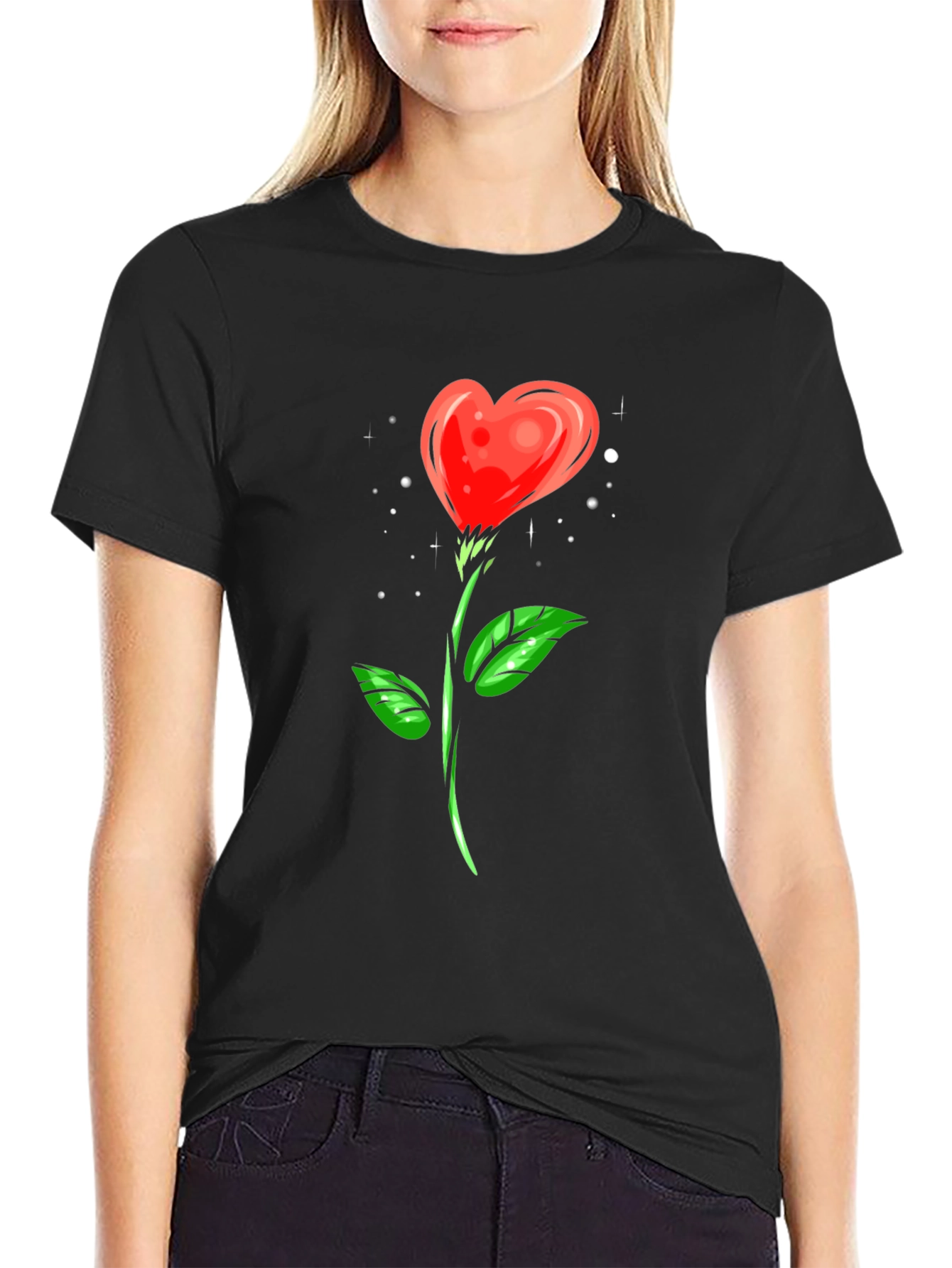 Heart Rose Graphic Tee - Black Cotton Shirt