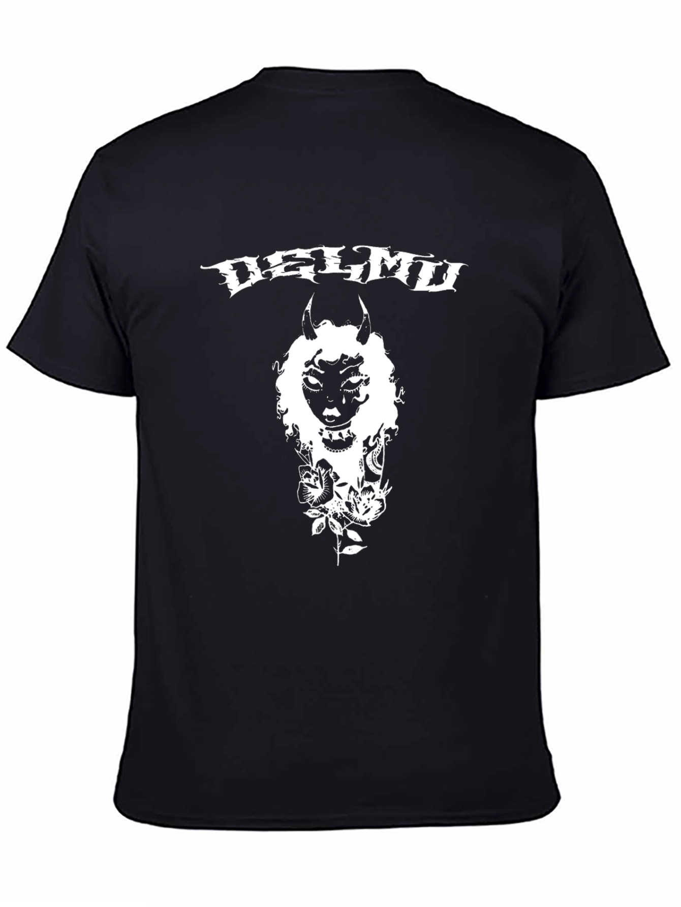 Delmd T-Shirt: Black Graphic Tee with Devilish Design