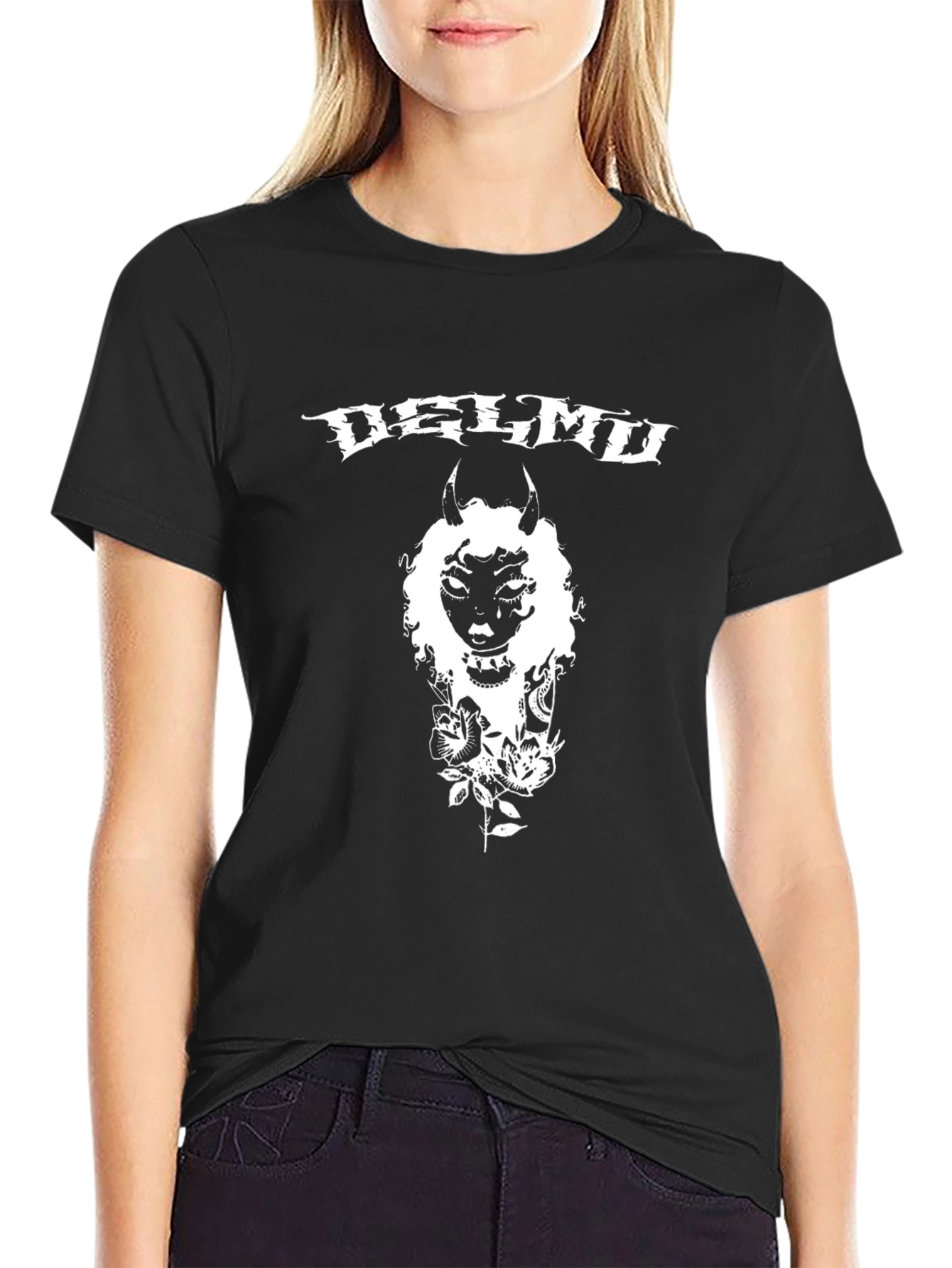 Delmd T-Shirt: Black Graphic Tee with Devilish Design