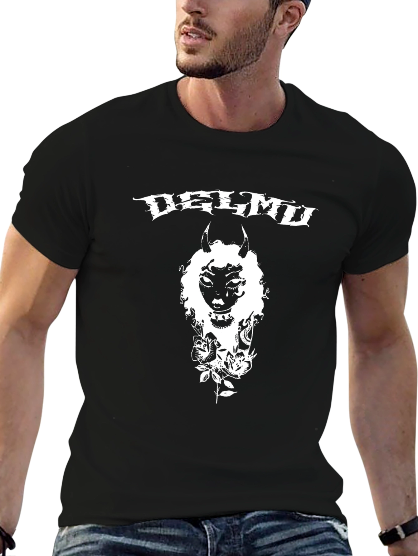 Delmd T-Shirt: Black Graphic Tee with Devilish Design