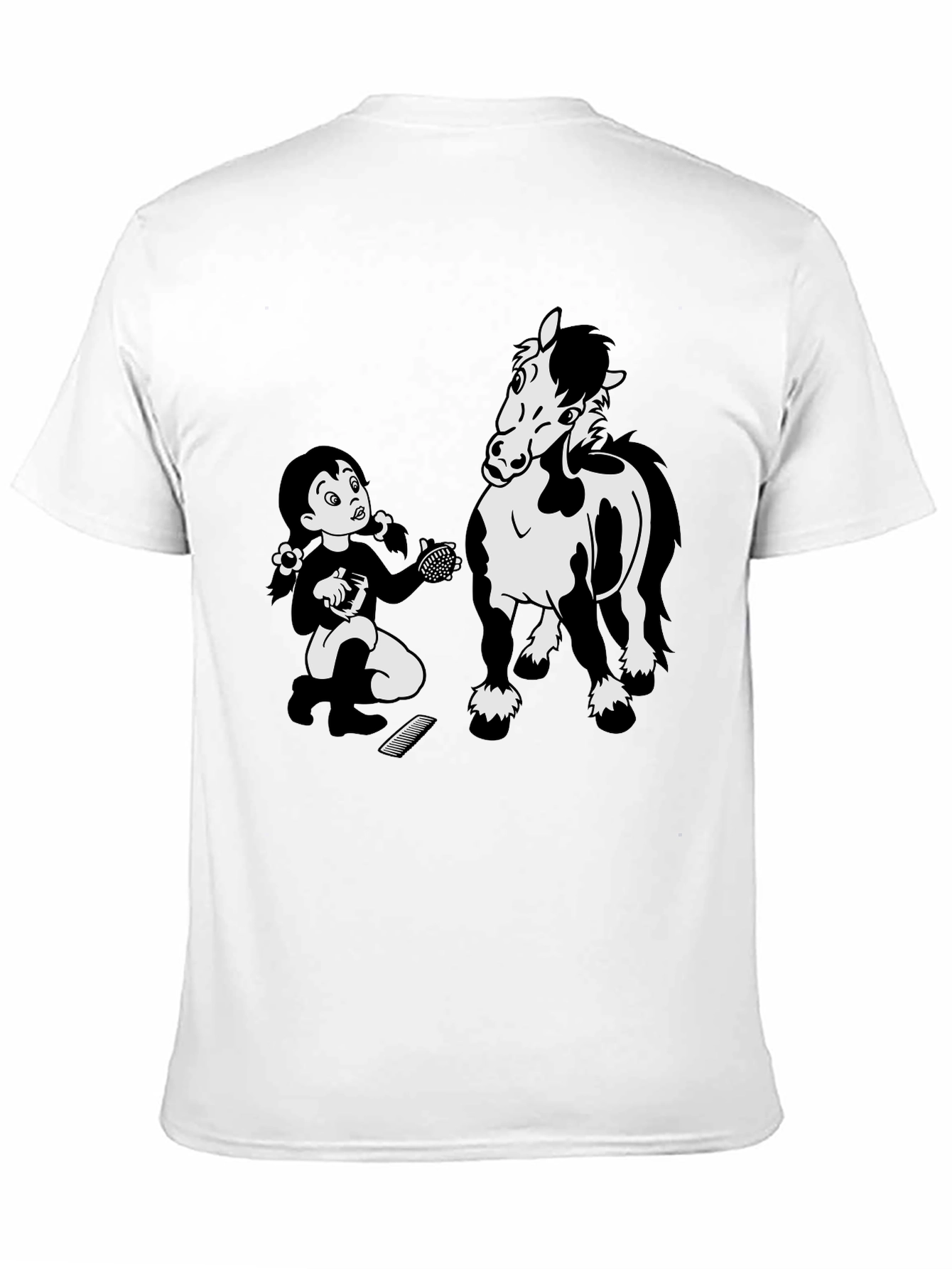 Cartoon Girl Grooming Horse Black T-Shirt