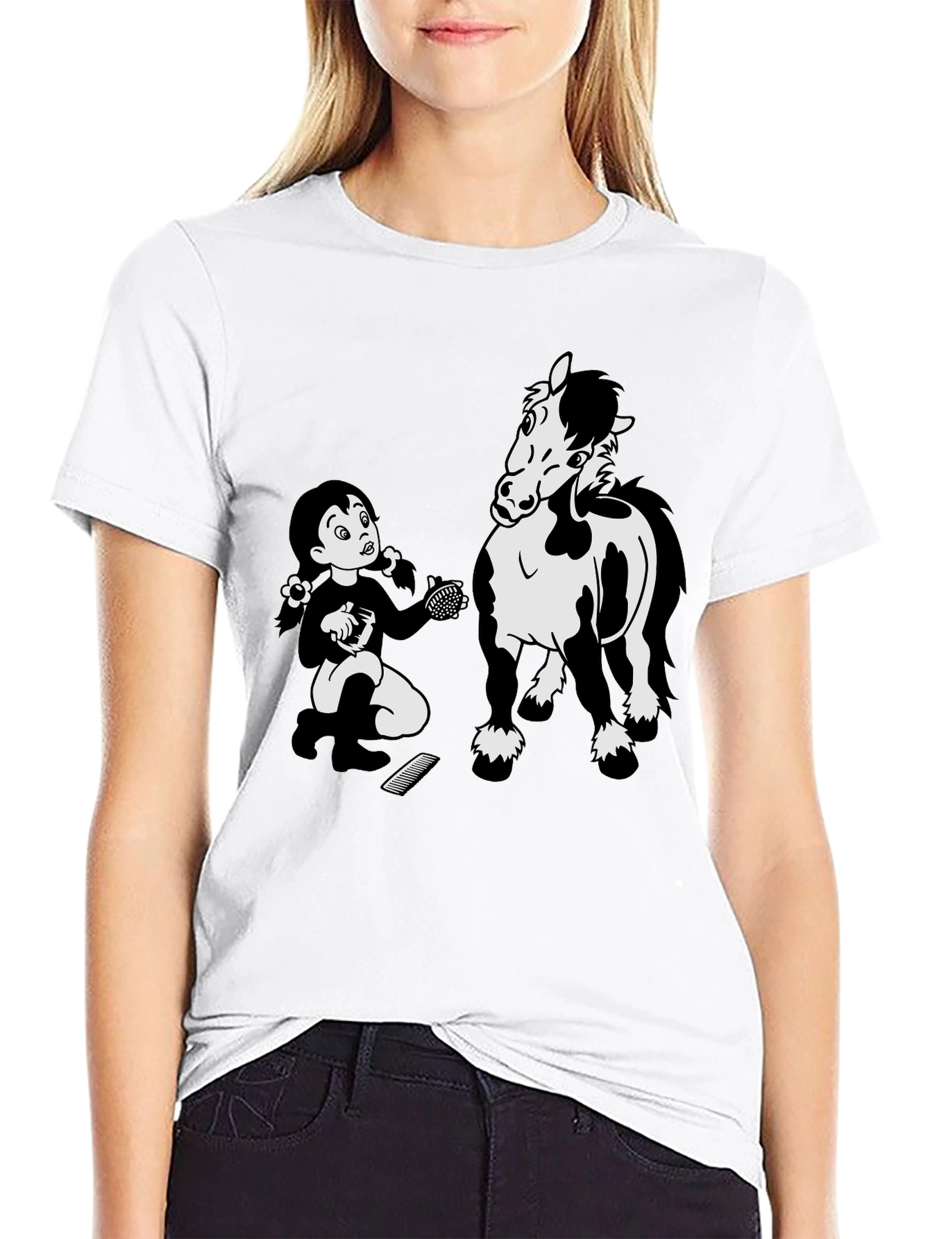 Cartoon Girl Grooming Horse Black T-Shirt