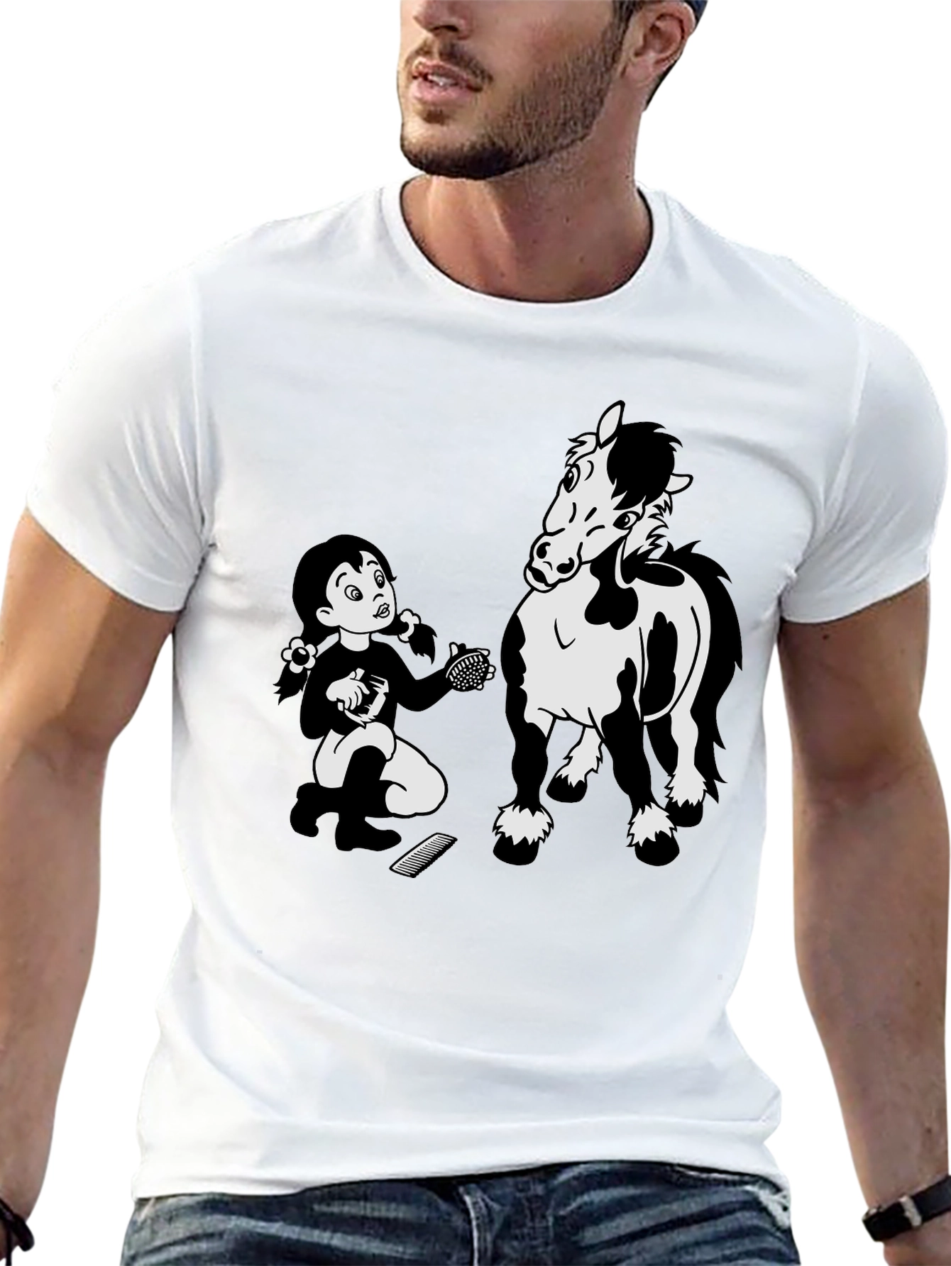 Cartoon Girl Grooming Horse Black T-Shirt