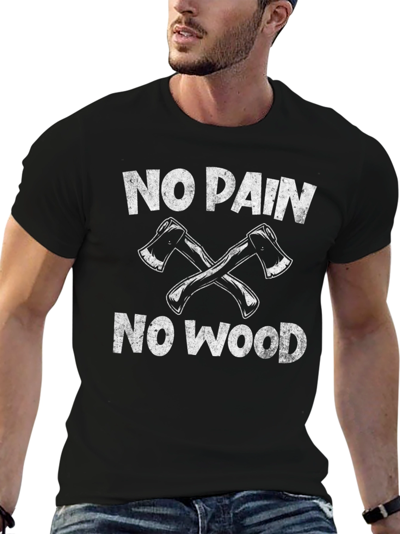 No Pain No Wood Black T-Shirt Lumberjack Axe