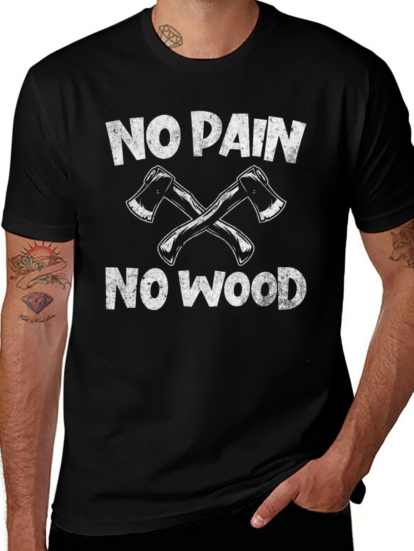 No Pain No Wood Black T-Shirt Lumberjack Axe