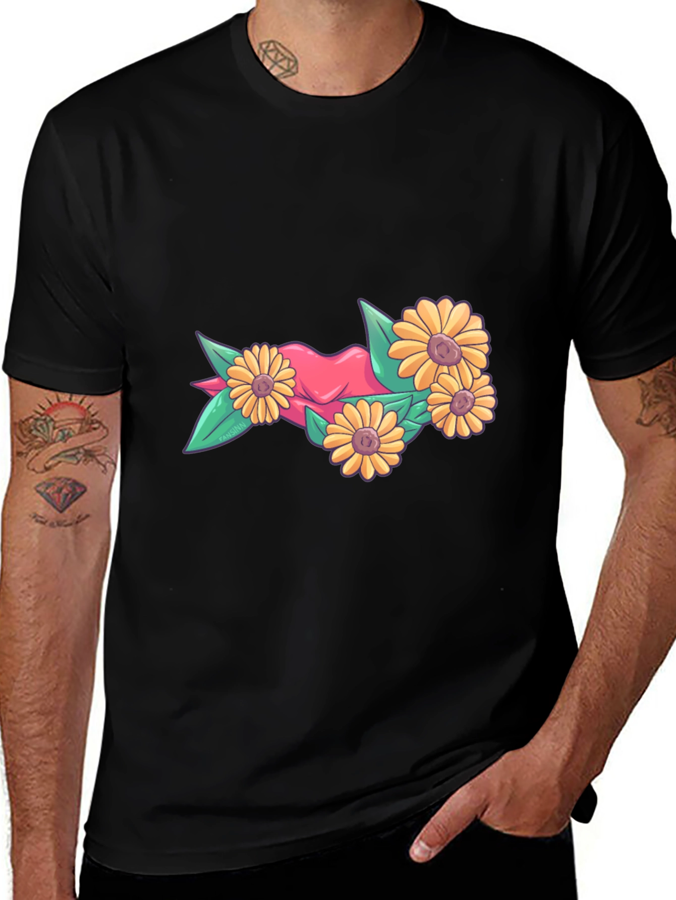 Floral Heart Graphic Tee - Stylish Black T-Shirt