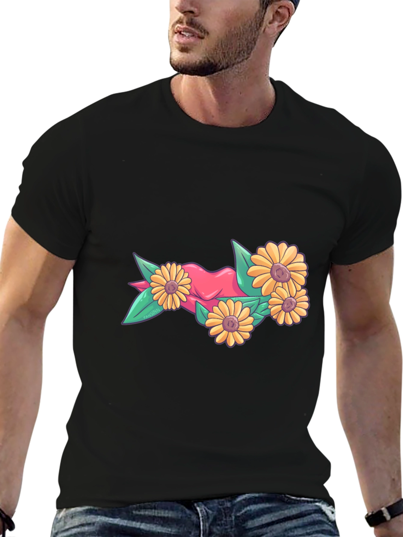 Floral Heart Graphic Tee - Stylish Black T-Shirt