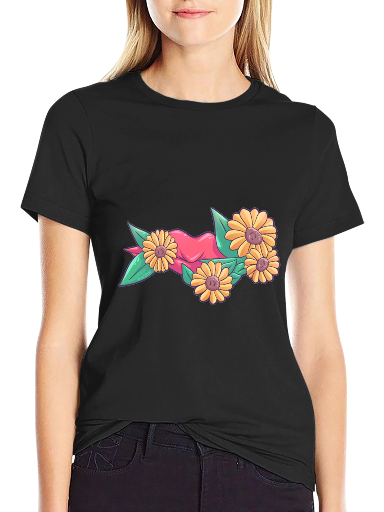 Floral Heart Graphic Tee - Stylish Black T-Shirt