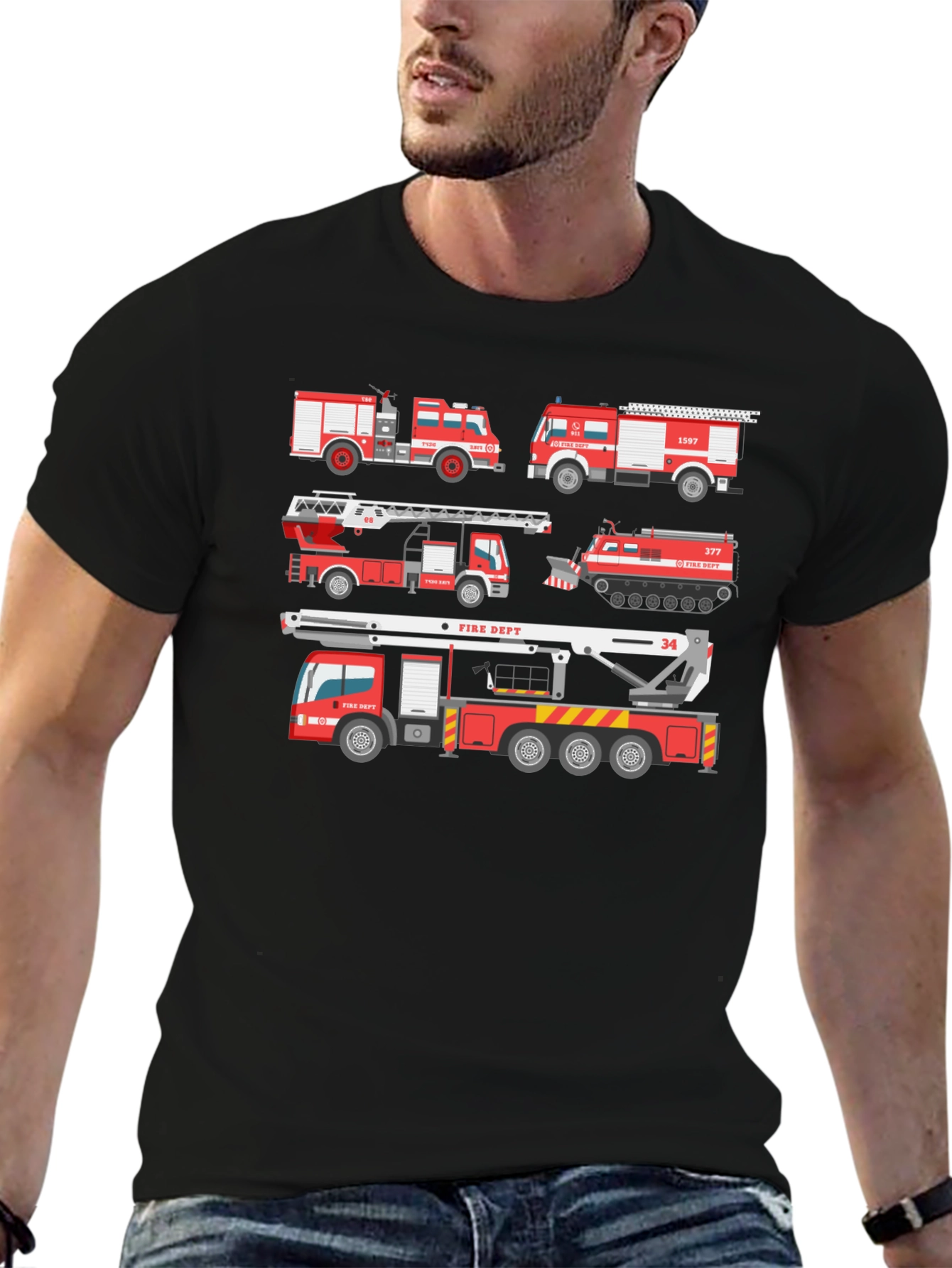 Fire Trucks Graphic Tee - Novelty Firefighter T-Shirt