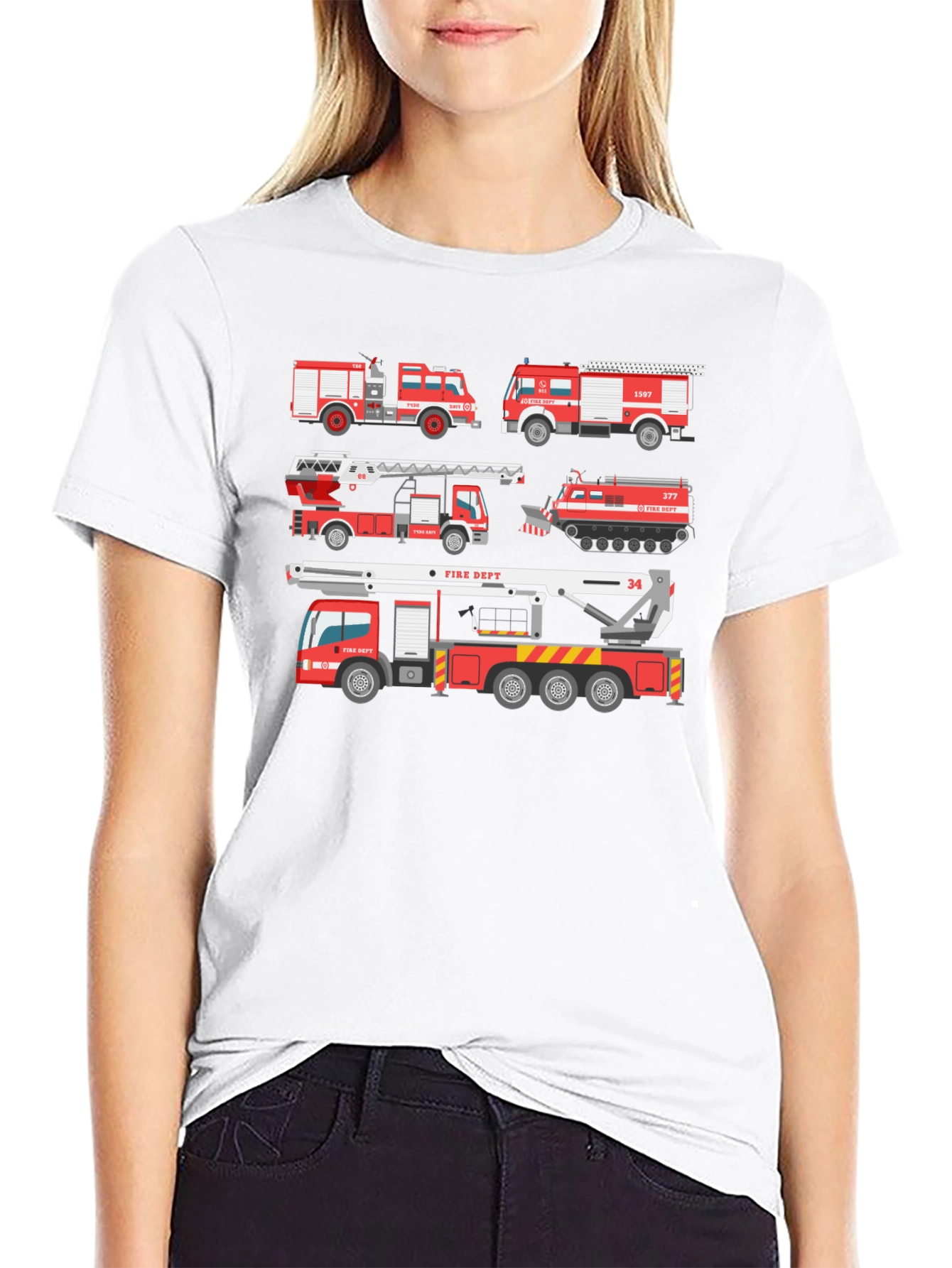 Fire Trucks Graphic Tee - Novelty Firefighter T-Shirt