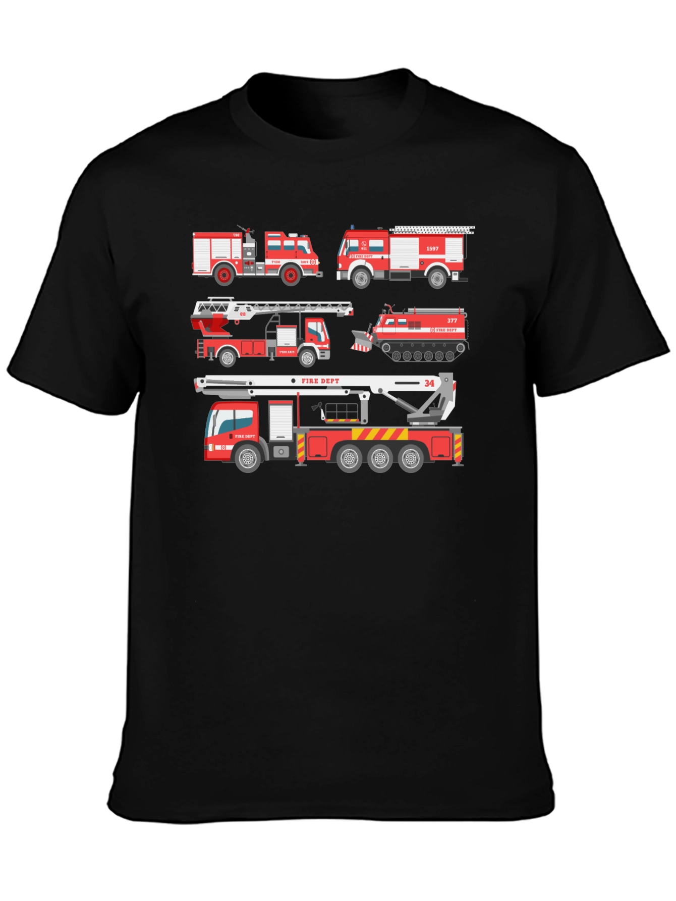 Fire Trucks Graphic Tee - Novelty Firefighter T-Shirt