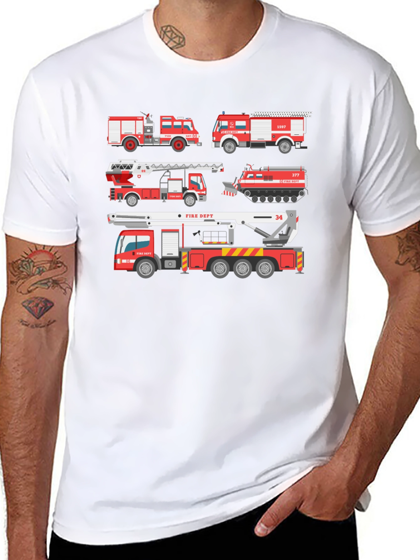 Fire Trucks Graphic Tee - Novelty Firefighter T-Shirt