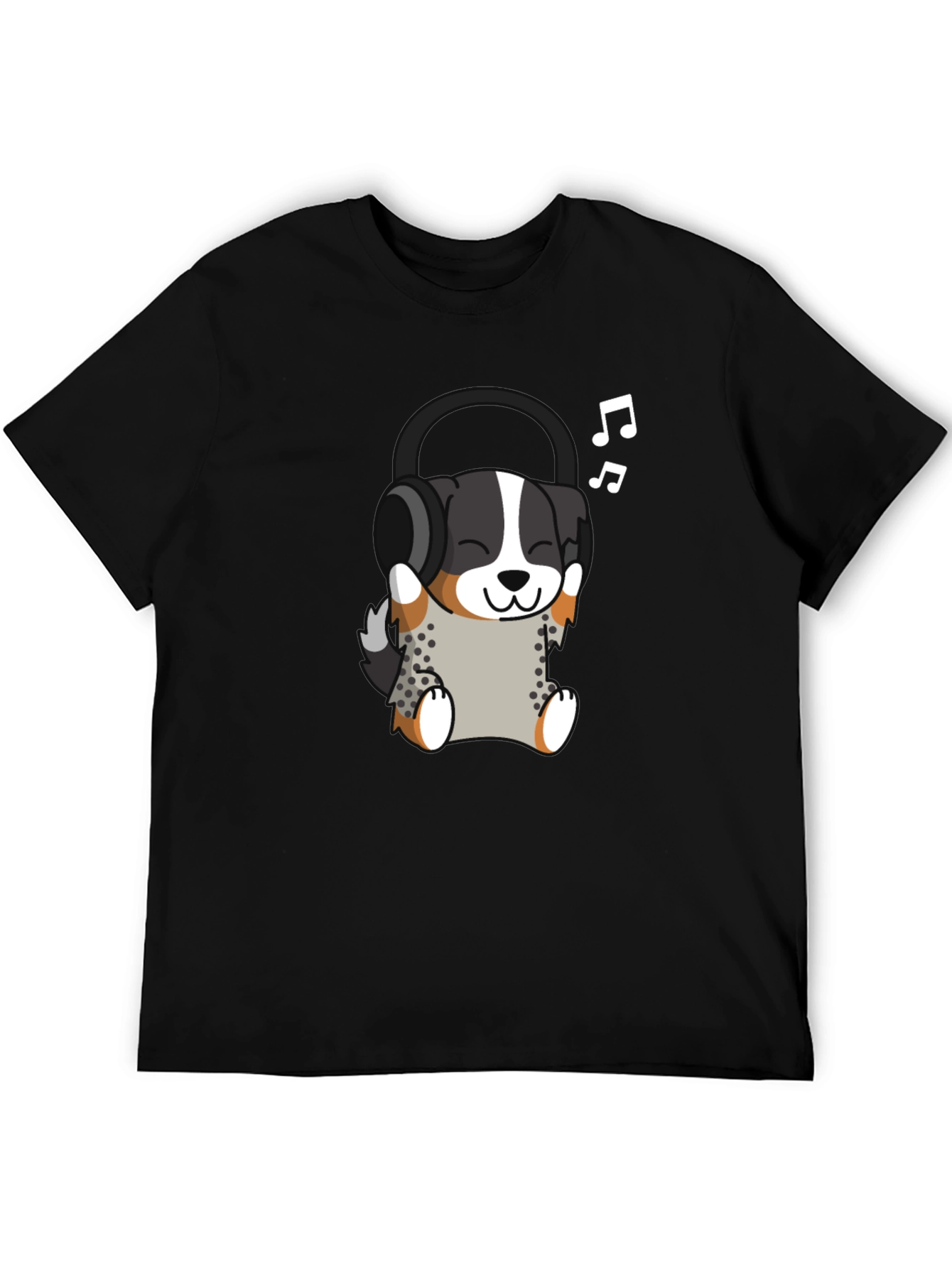 Cute Dog with Headphones Black T-Shirt