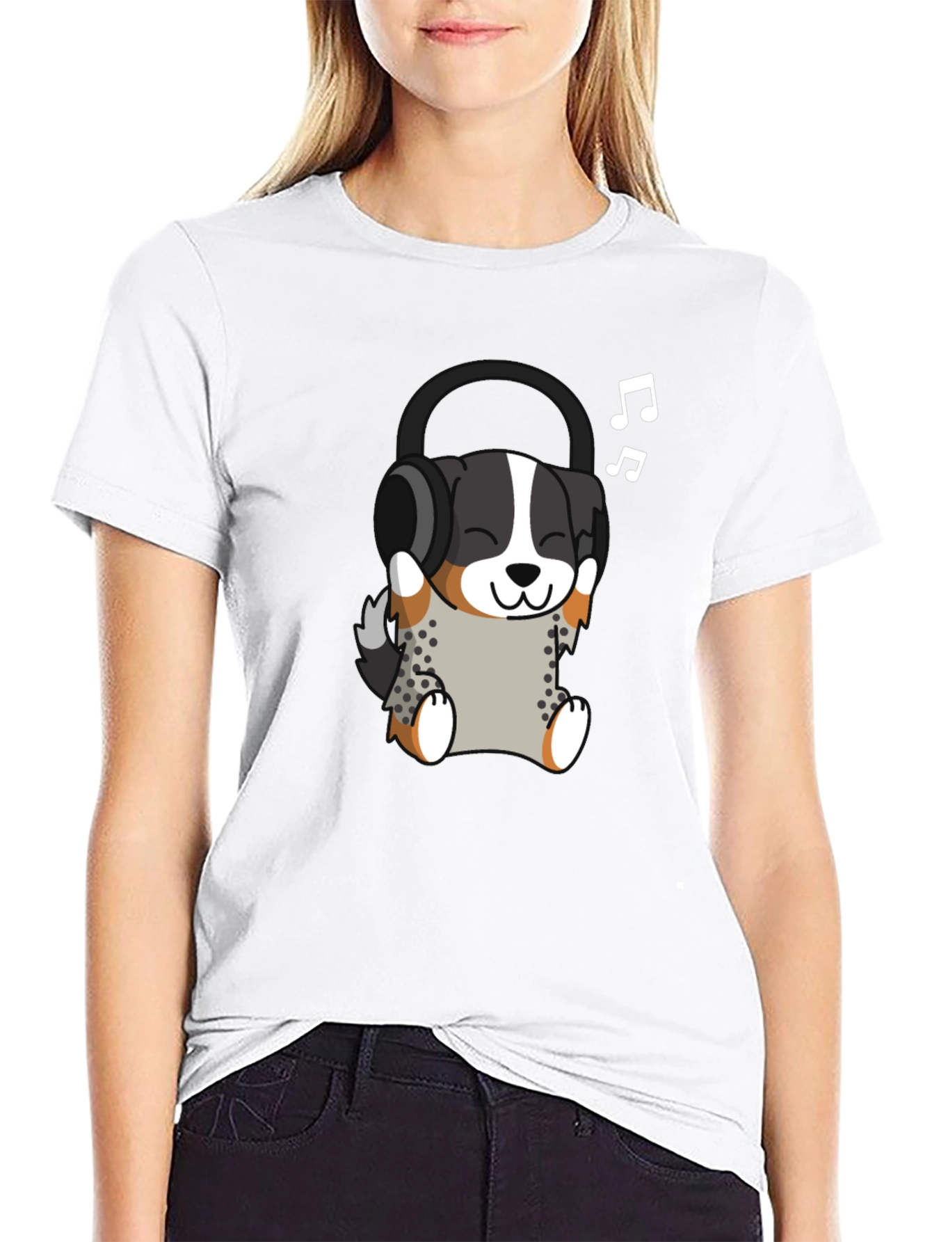 Cute Dog with Headphones Black T-Shirt