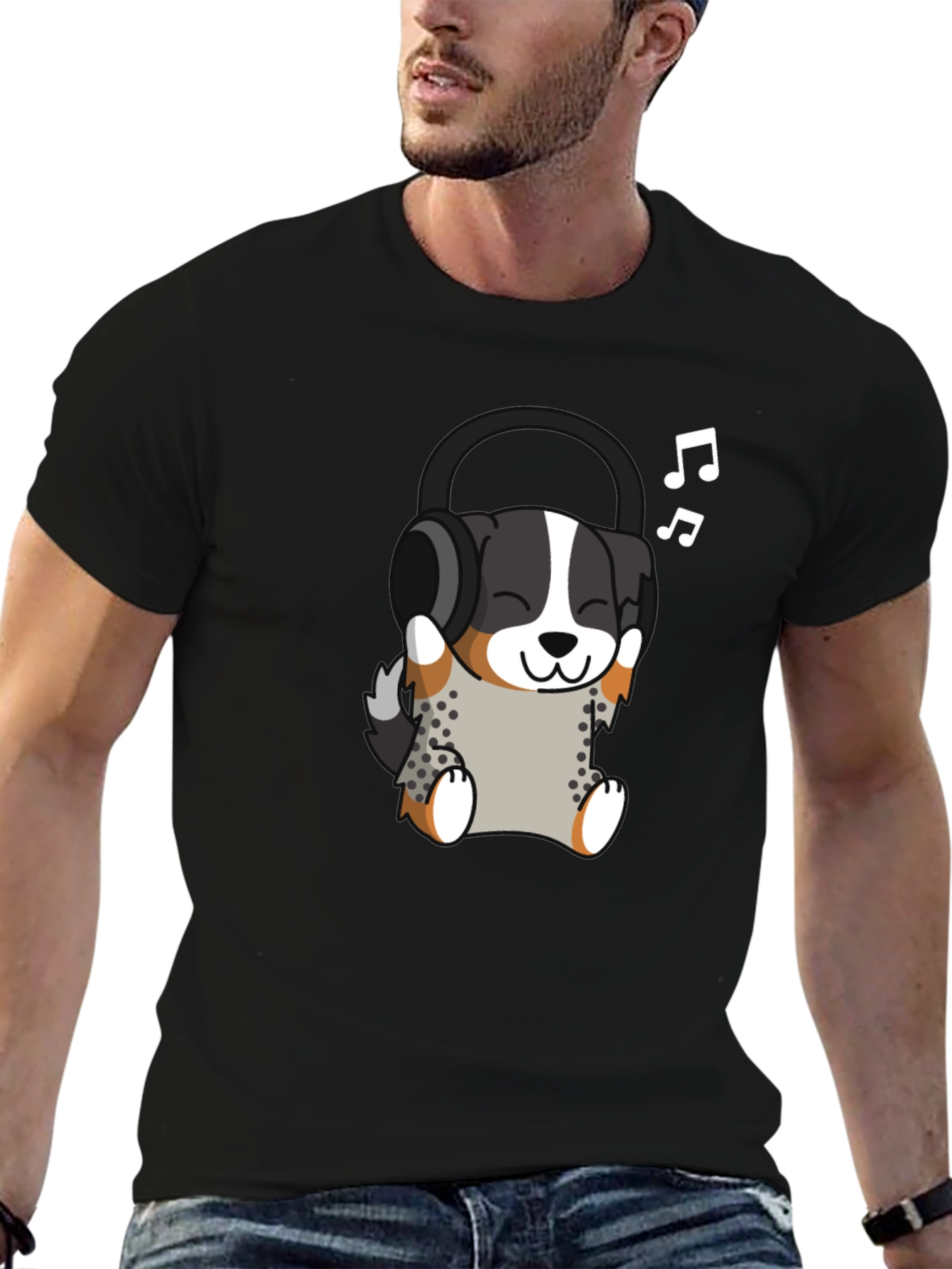 Cute Dog with Headphones Black T-Shirt