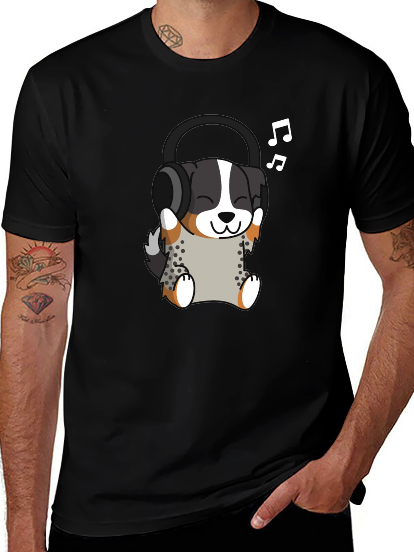 Cute Dog with Headphones Black T-Shirt