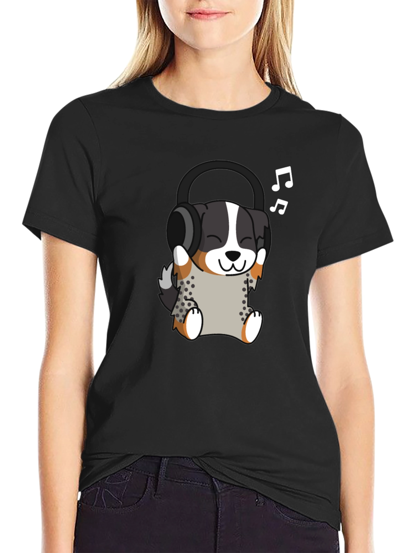 Cute Dog with Headphones Black T-Shirt