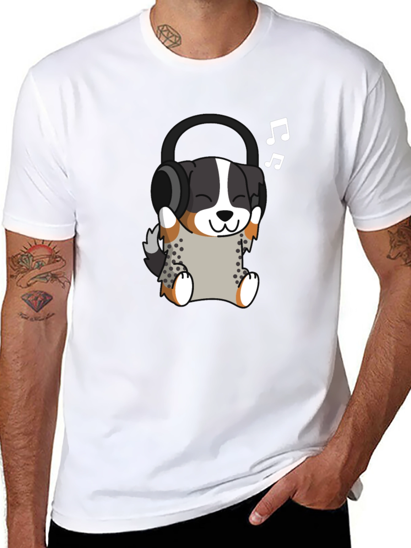 Cute Dog with Headphones Black T-Shirt