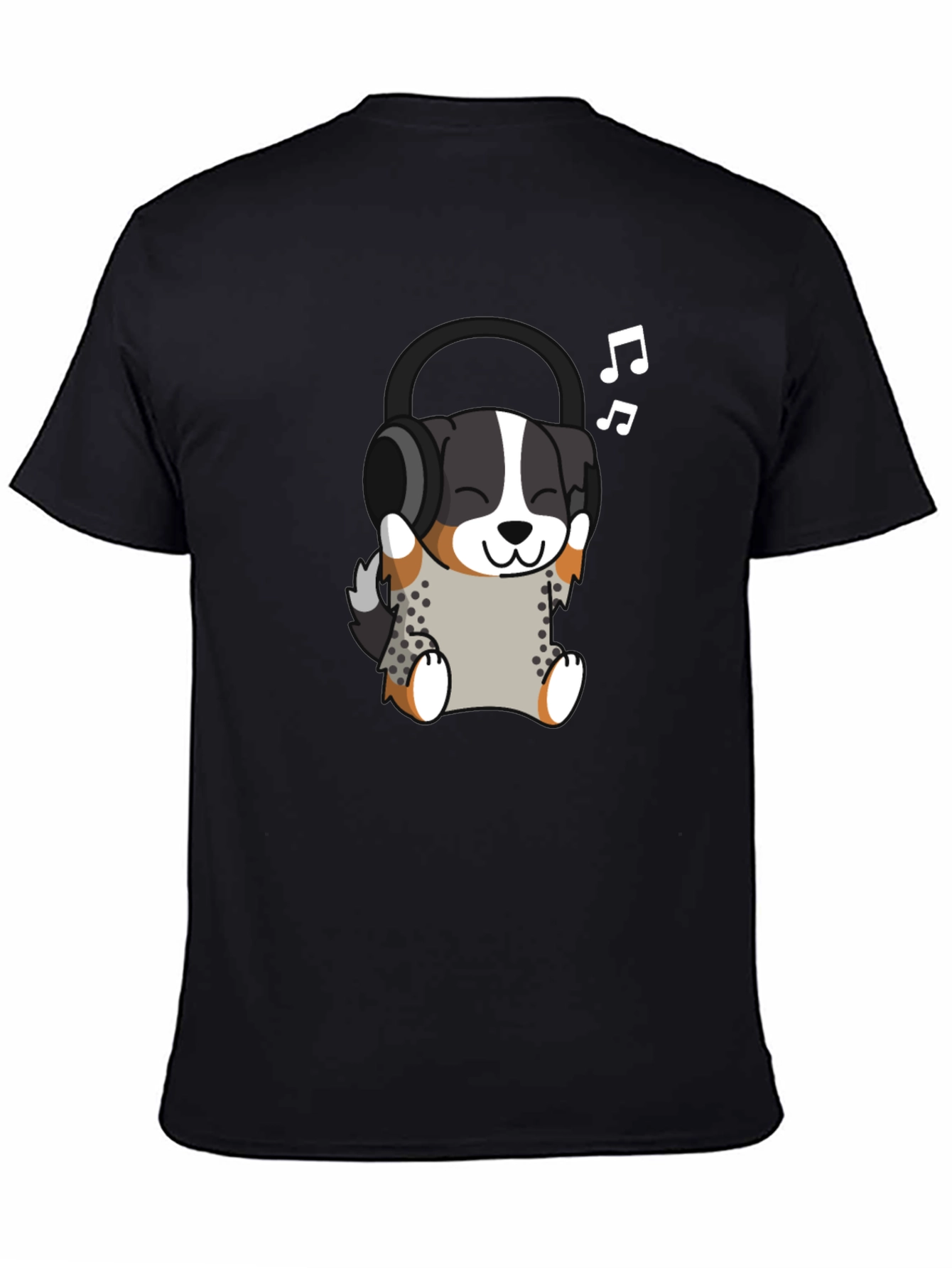 Cute Dog with Headphones Black T-Shirt
