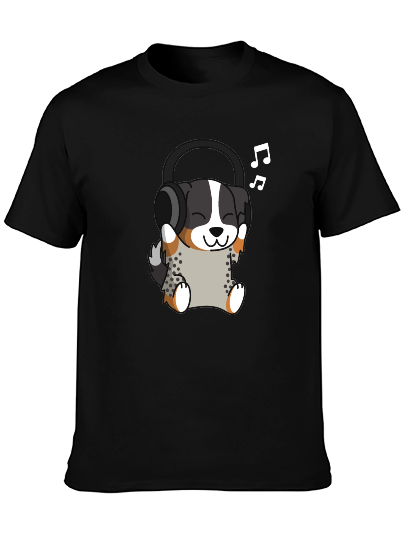 Cute Dog with Headphones Black T-Shirt