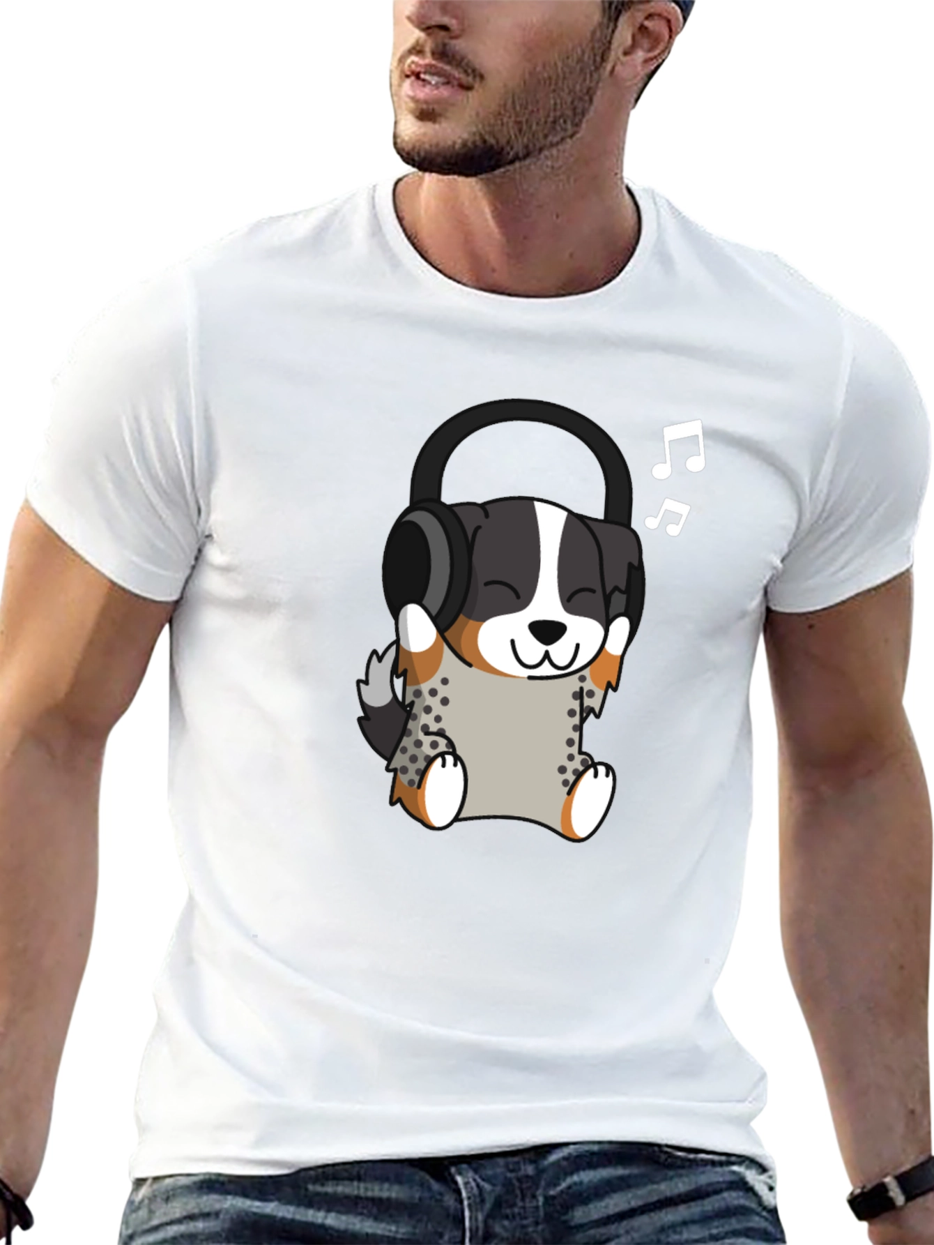 Cute Dog with Headphones Black T-Shirt
