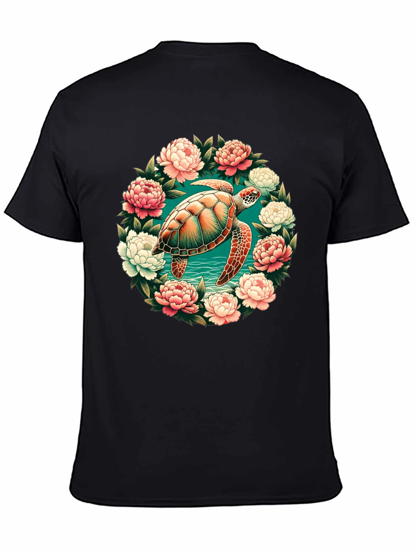 Sea Turtle Floral Wreath Graphic Tee - Black