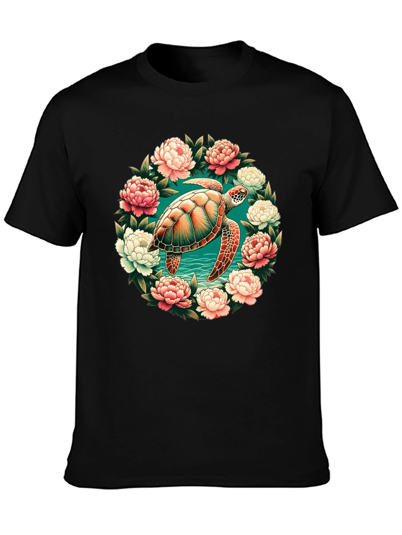 Sea Turtle Floral Wreath Graphic Tee - Black