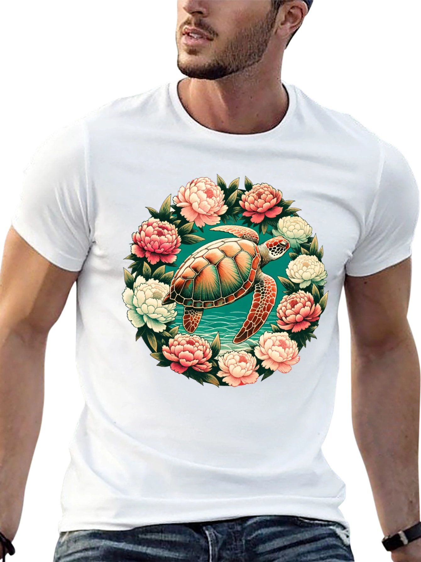 Sea Turtle Floral Wreath Graphic Tee - Black